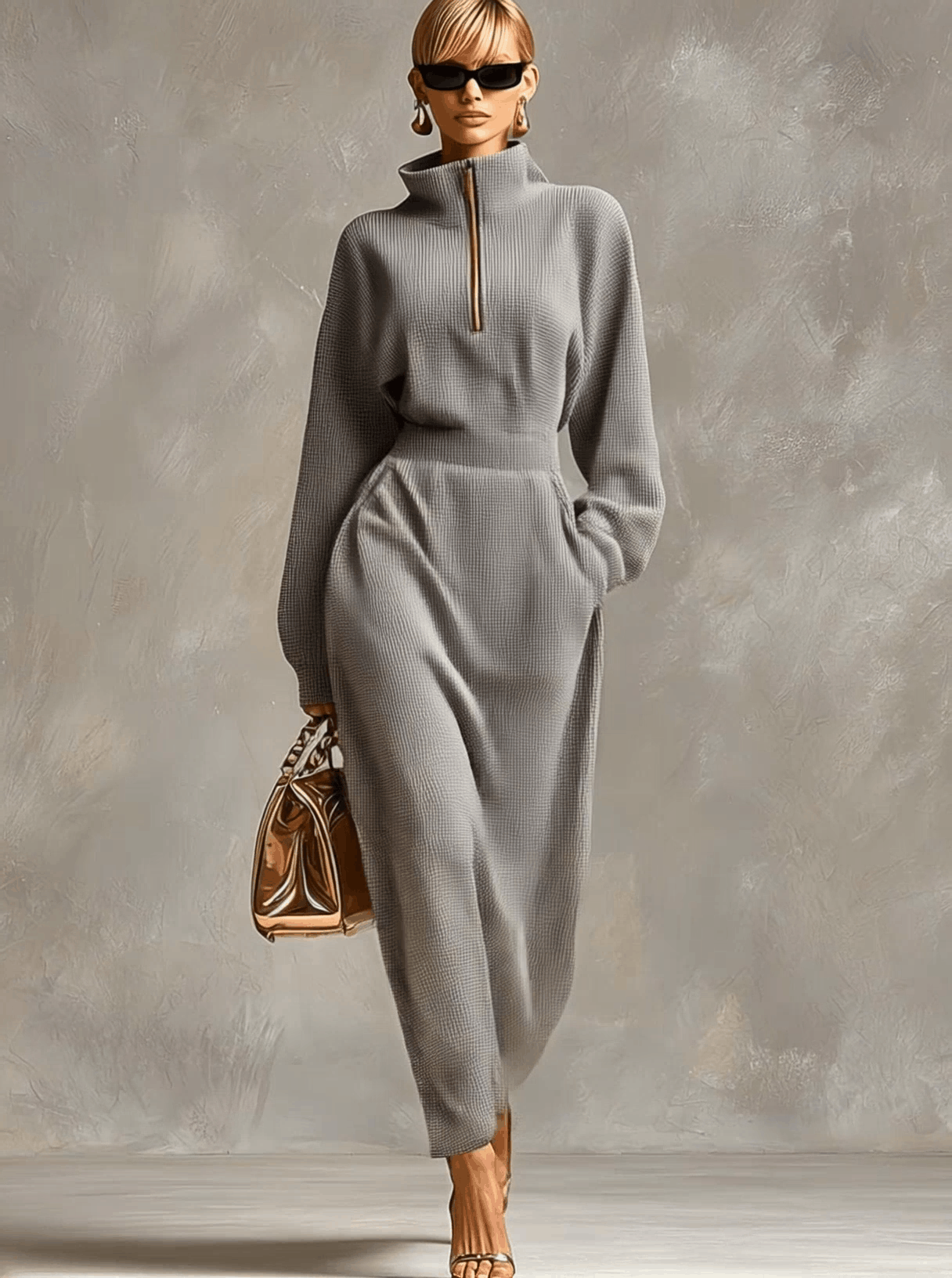 Exquisite Casual Lapel Front Zipper Long Sleeve Light Gray Waffle Fabric Maxi Dress - By Qivii