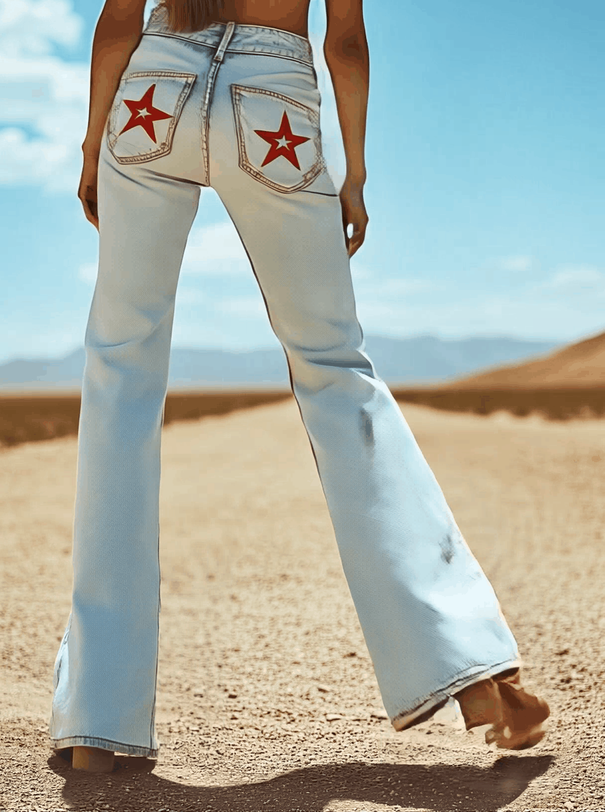 Vintage Back Pocket Star Embroidery Denim Flared Pants - By Qivii