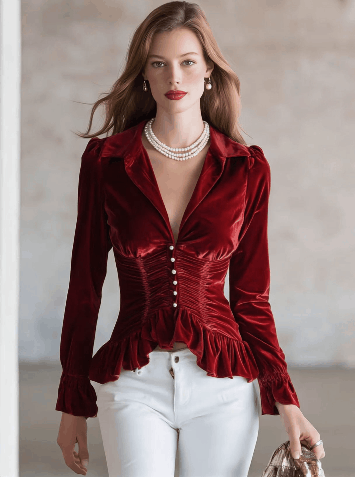Fashionable Retro Red Velvet Pleated Ruffled Long-sleeved Shirt - By Qivii