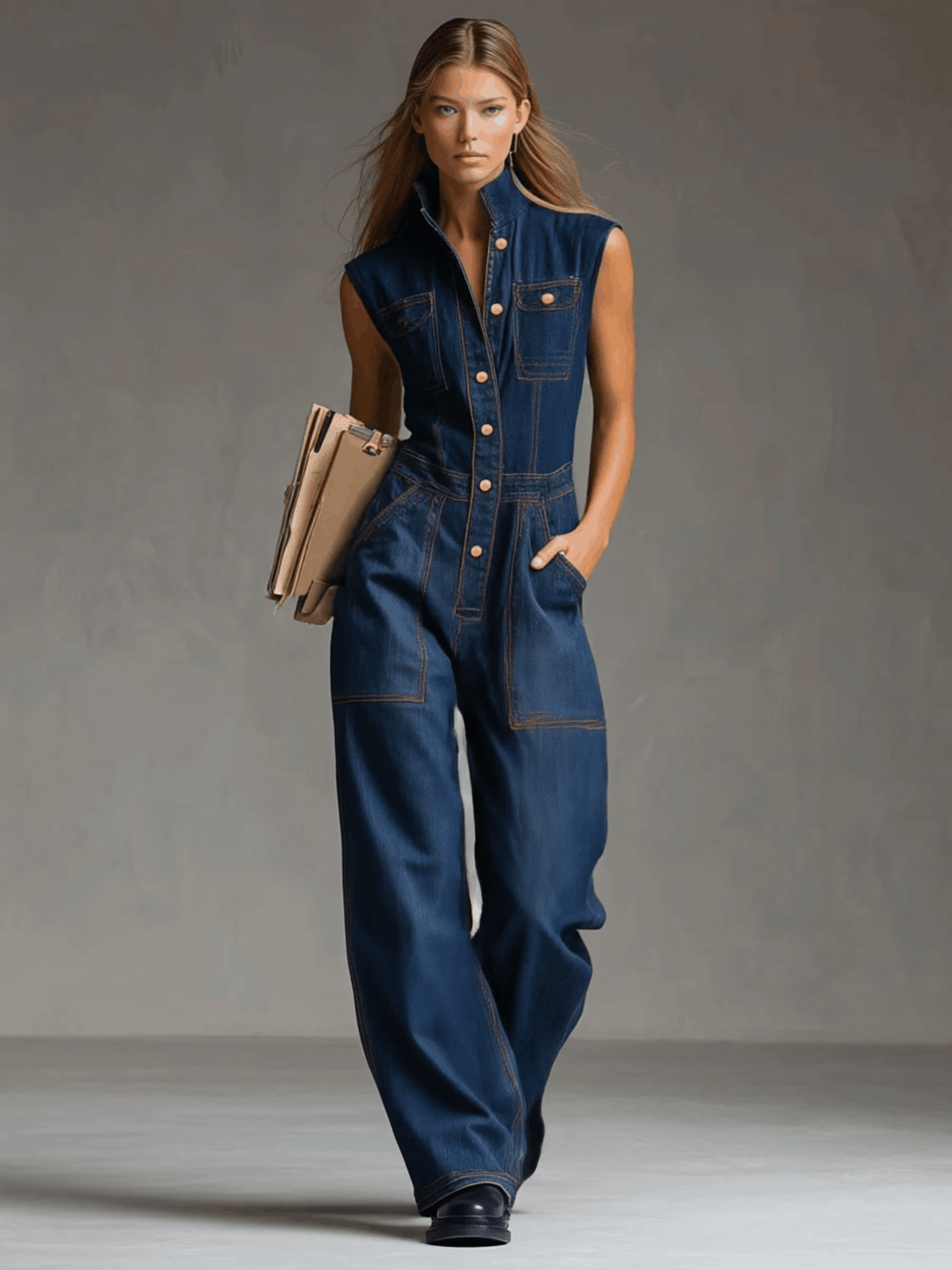 Casual Retro Multi-pocket Topstitching Dark Blue Denim Sleeveless Balloon Jumpsuit - By Qivii