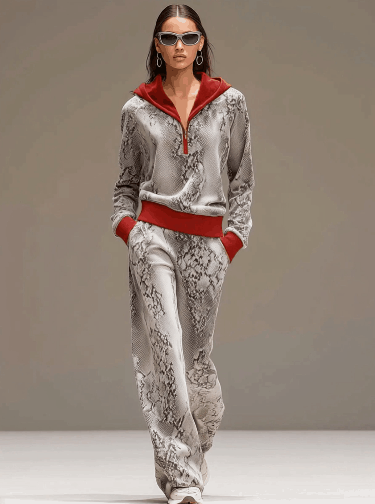 Casual Sporty Retro Snakeskin Gray Velvet Hooded Sweatshirt Wide-Leg Set - By Qivii