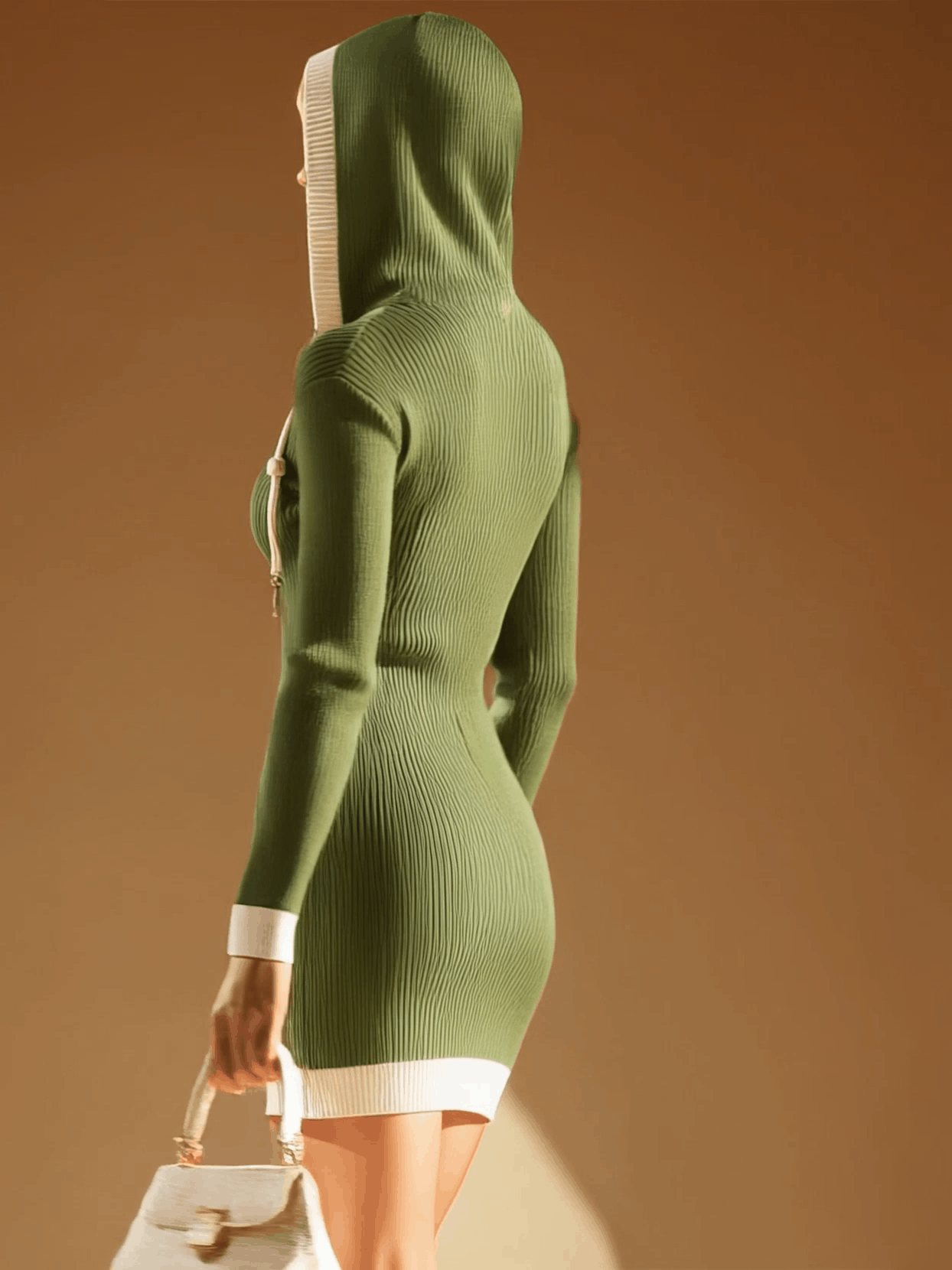 Stylish And Casual White-trimmed Green Hooded Knitted Mini Dress - By Qivii
