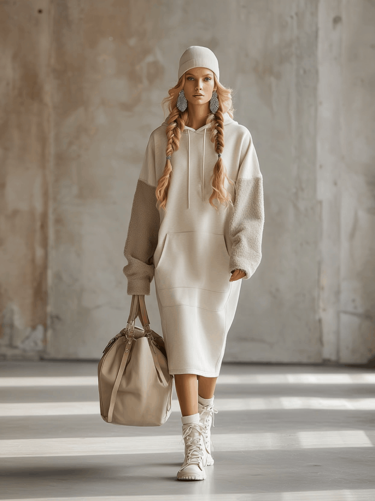 Fashionable Loose Hooded Polar Fleece Sleeve Beige Sweatshirt Midi Dress - By Qivii