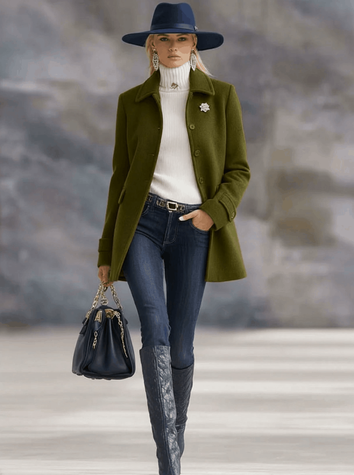 Casual Retro Olive Green Tweed Coat - By Qivii