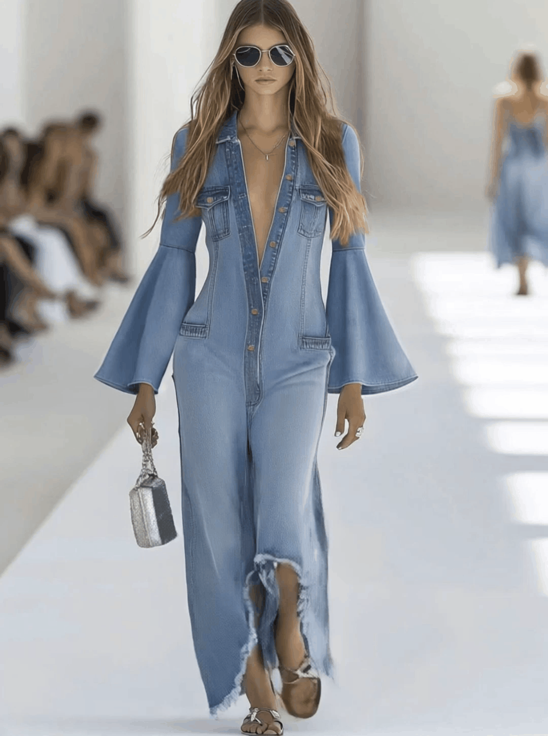 Casual Retro Light Blue Denim Flared Long-Sleeved Wide-Leg Raw Edge Jumpsuit - By Qivii