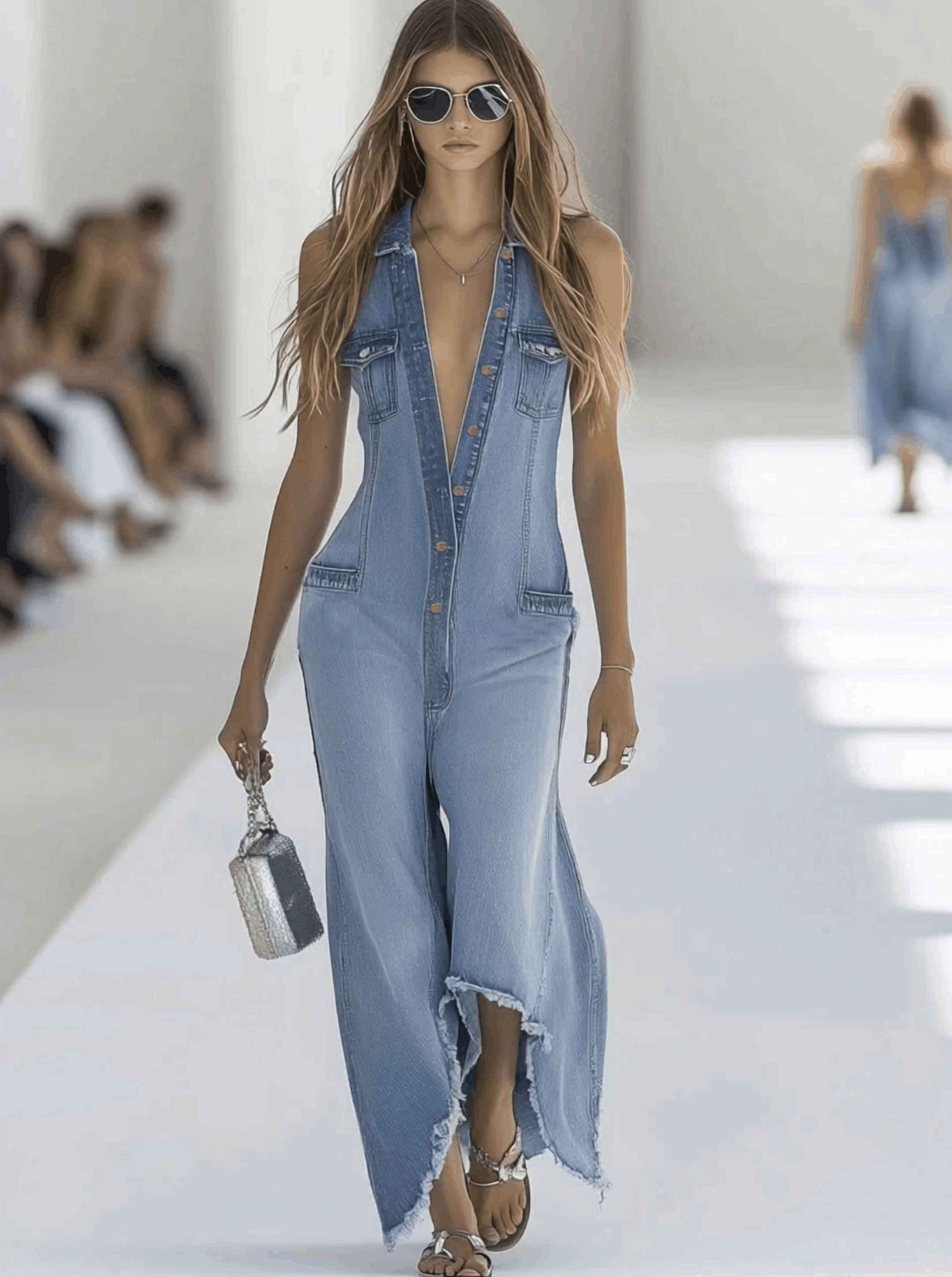 Western Retro Light Blue Denim Sleeveless Raw Edge Wide Leg Zipper Jumpsuit - By Qivii