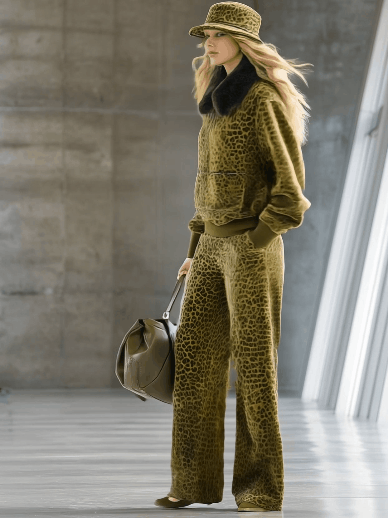 High-end Fashionable Leopard Print Velvet Faux Fur Collar Sweatshirt Wide-leg Pants Suit - By Qivii