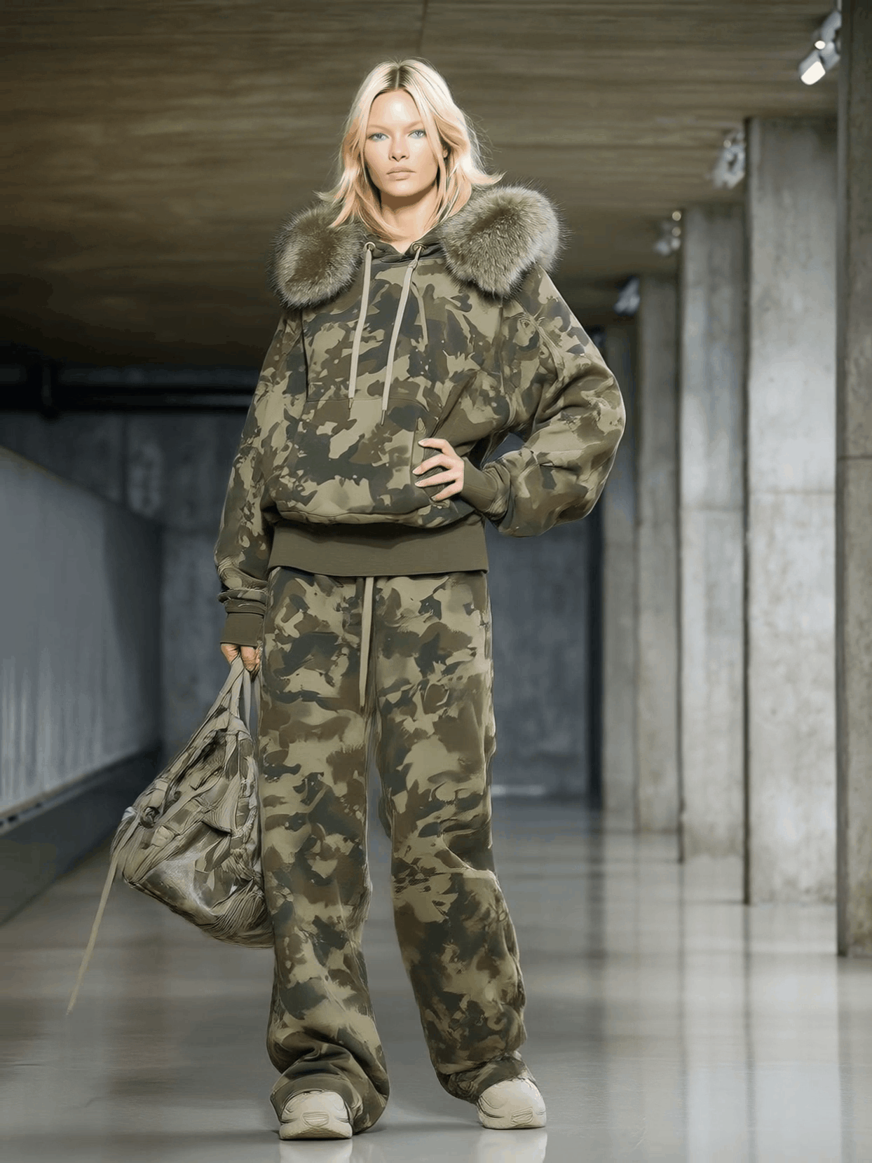 Casual And Fashionable Camouflage Print Faux Fur Collar Sweatshirt And Wide-leg Pants Suit - By Qivii