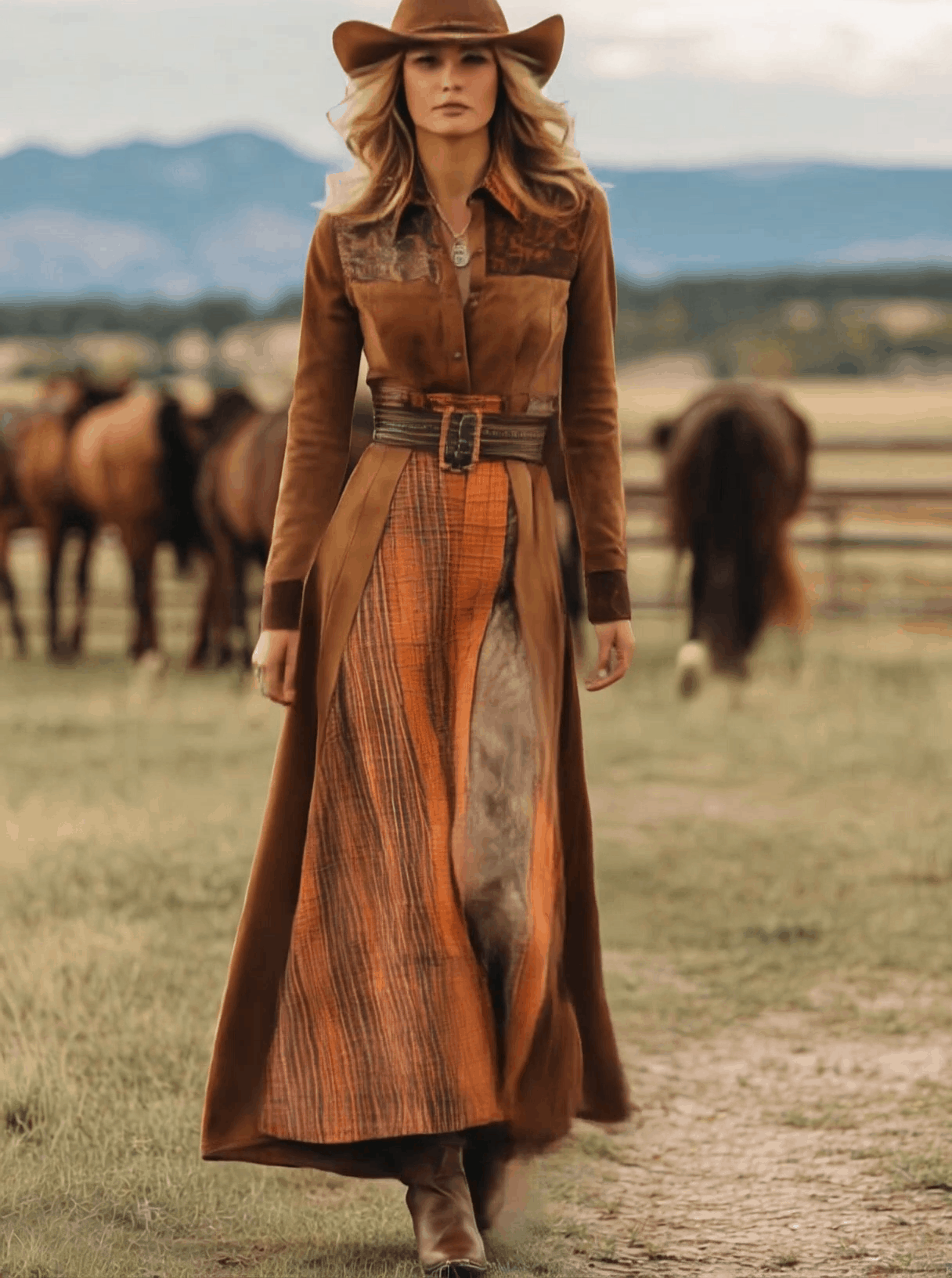 Western Retro Lace-Up Plaid Patchwork Caramel Faux Suede Maxi Dress - By Qivii