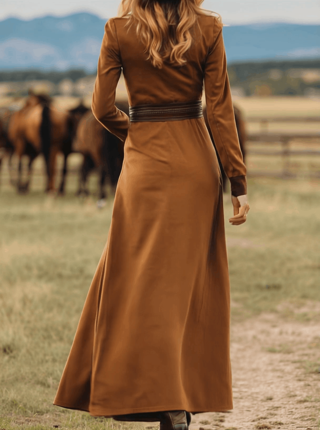 Western Retro Lace-Up Plaid Patchwork Caramel Faux Suede Maxi Dress - By Qivii