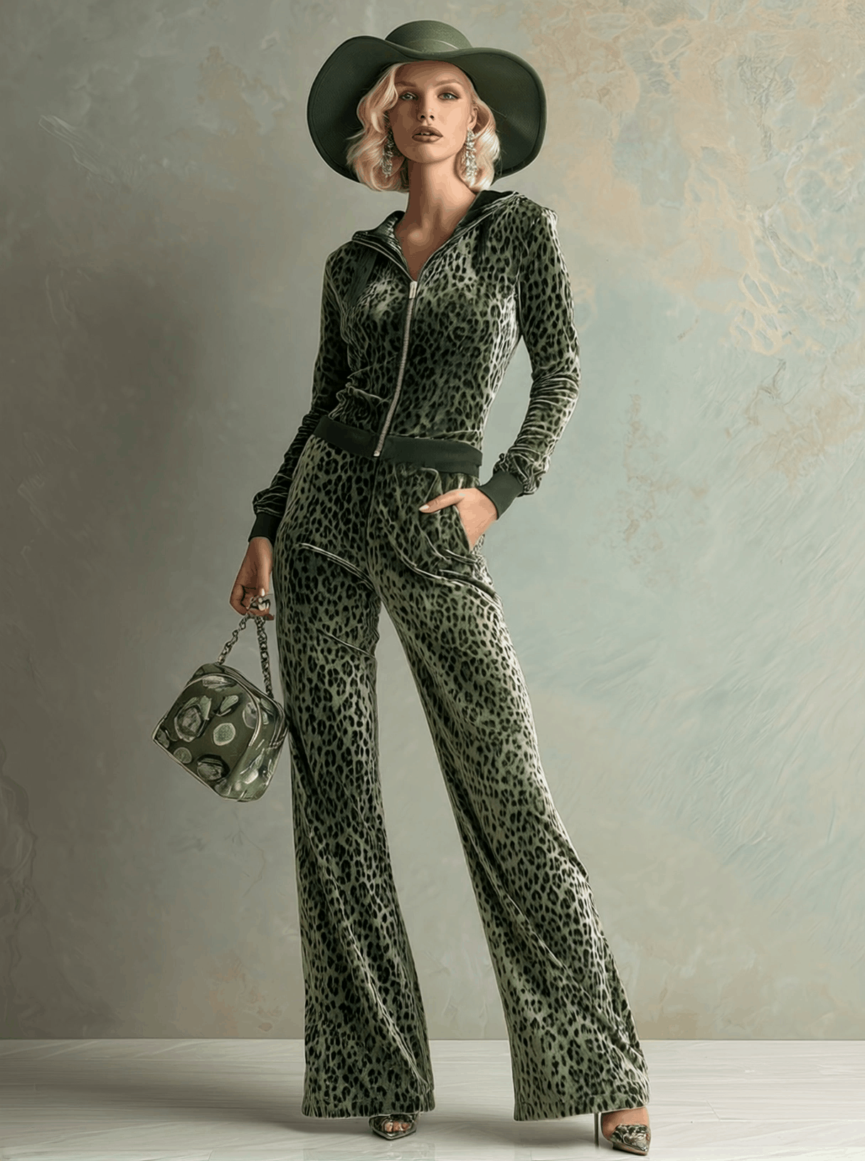 Retro Elegant Green Leopard Print Hooded Velvet Jumpsuit - By Qivii