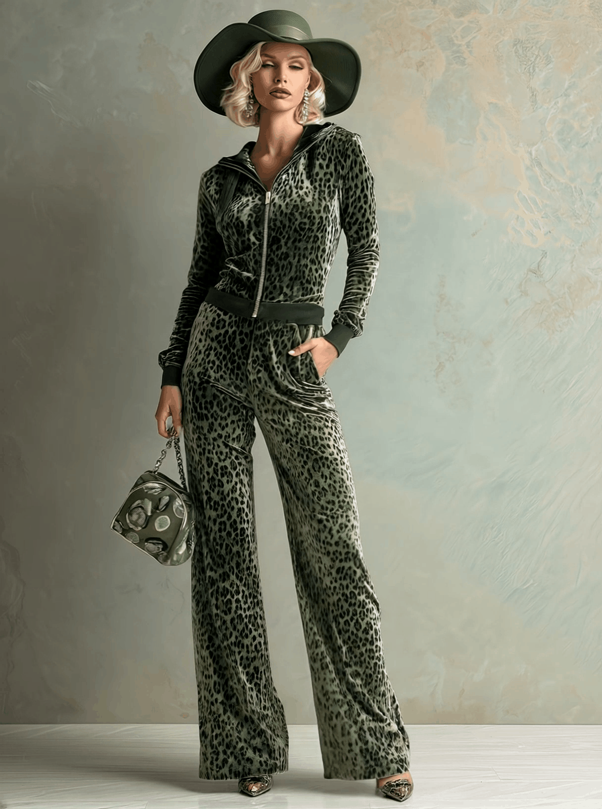Retro Elegant Green Leopard Print Hooded Velvet Jumpsuit - By Qivii