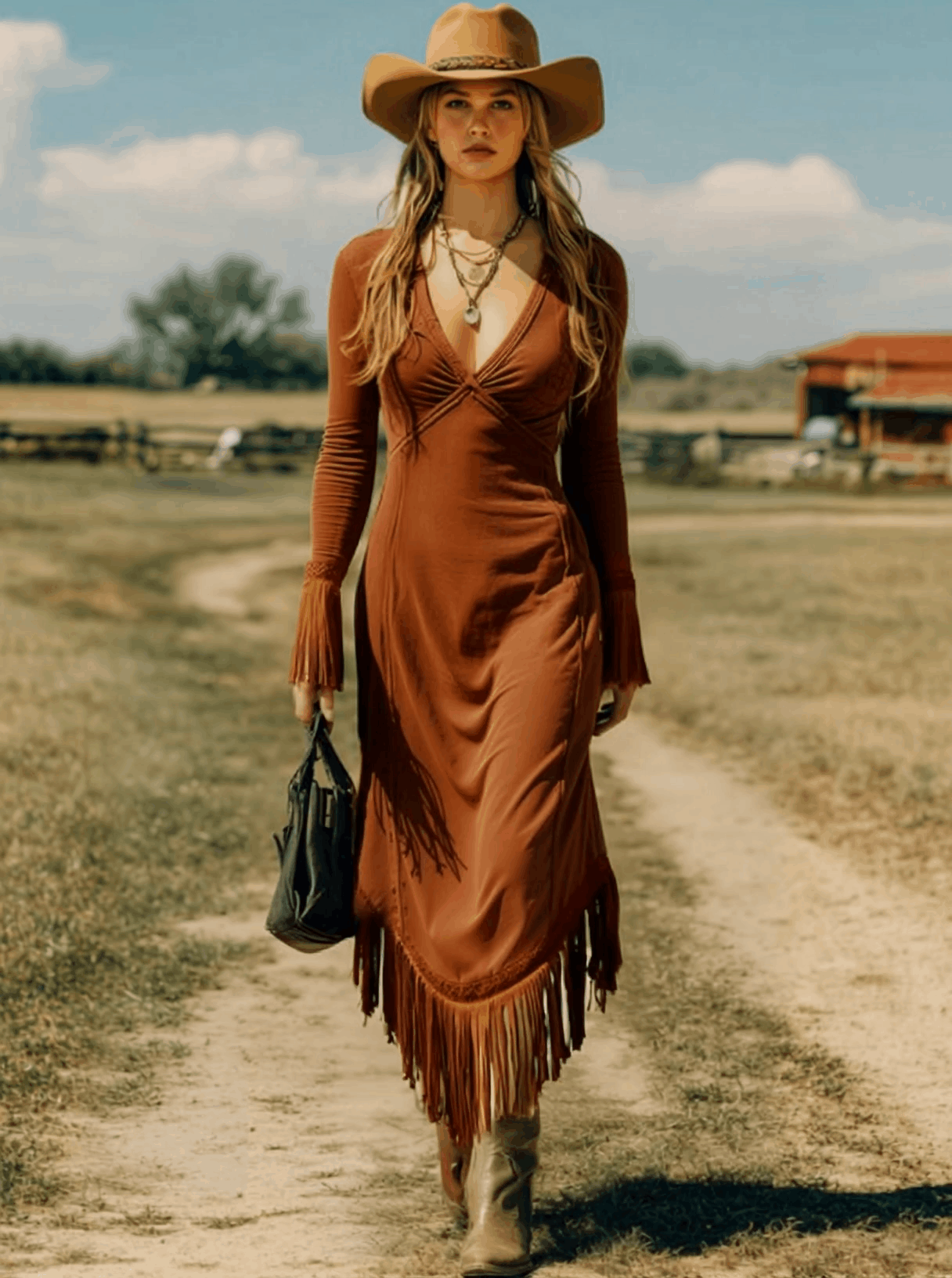 Western Retro Brick Red Cotton Long Sleeve Tassel Maxi Dress - By Qivii