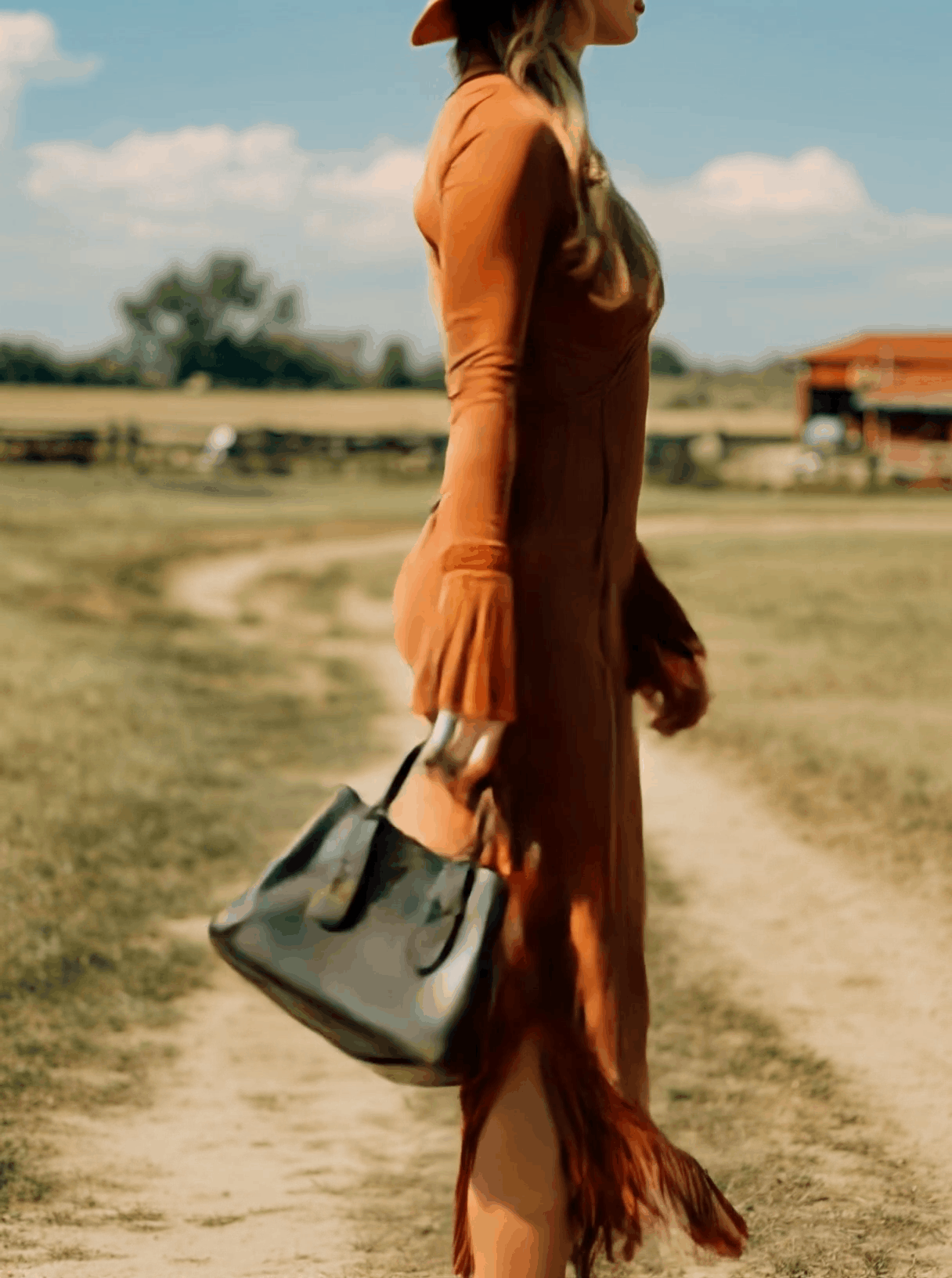 Western Retro Brick Red Cotton Long Sleeve Tassel Maxi Dress - By Qivii
