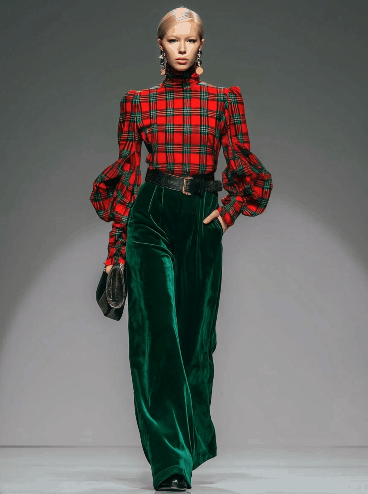 Trendy Retro Plaid Velvet Turtleneck Long-sleeved T-shirt And Wide-leg Pants Set - By Qivii