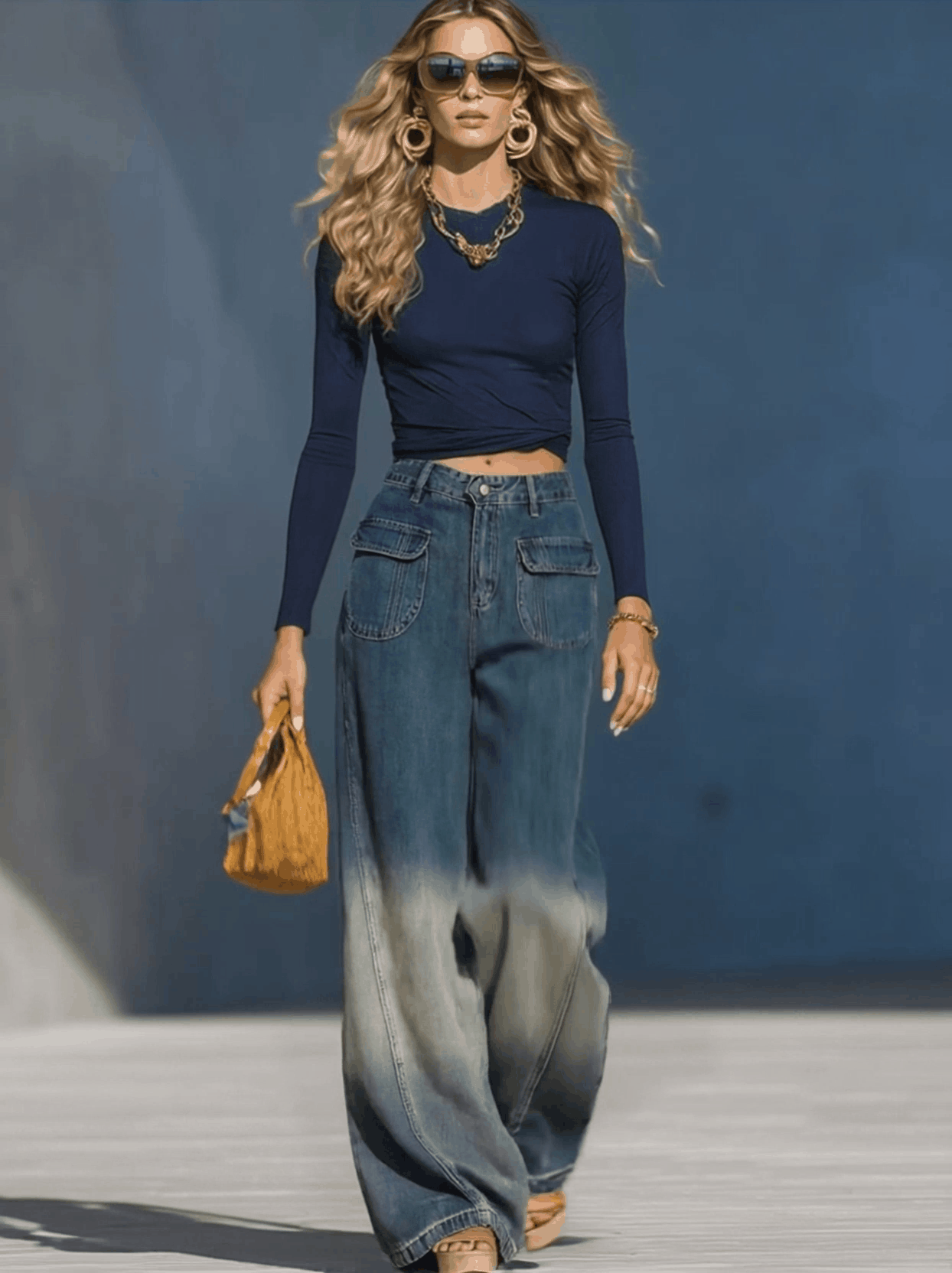 Casual Fashion Gradient Washed Denim Blue Gray Loose Pants - By Qivii