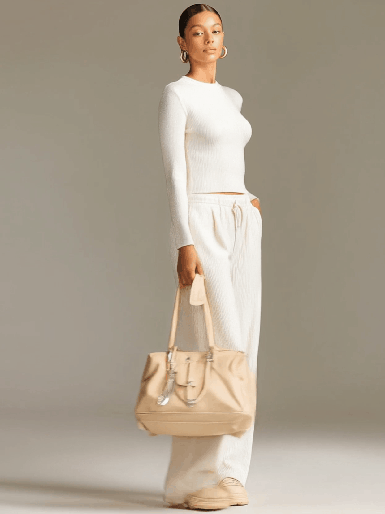 Fashionable Sporty White Knit Ribbed Crew Neck Top And Wide-leg Pants Set - By Qivii