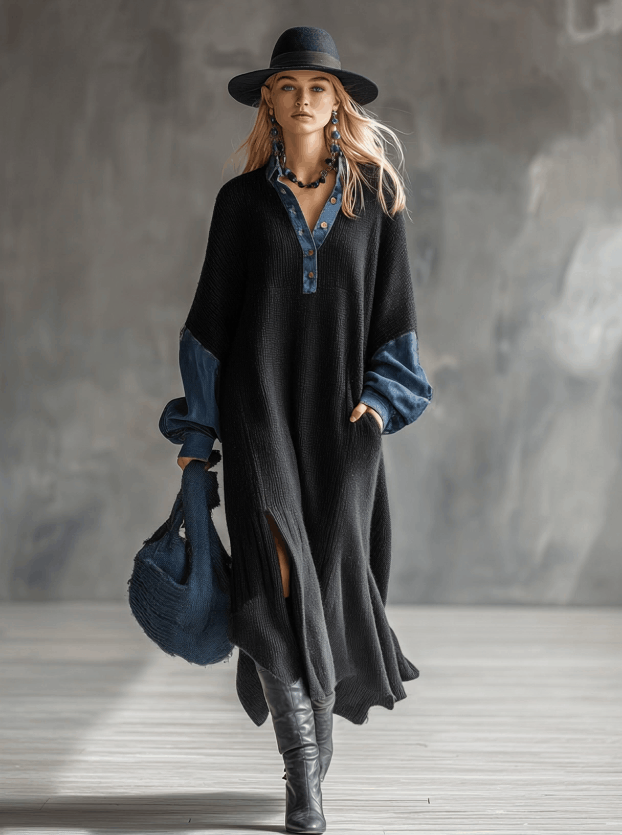 Fashionable Casual Black Knitted Denim Trim Maxi Dress - By Qivii