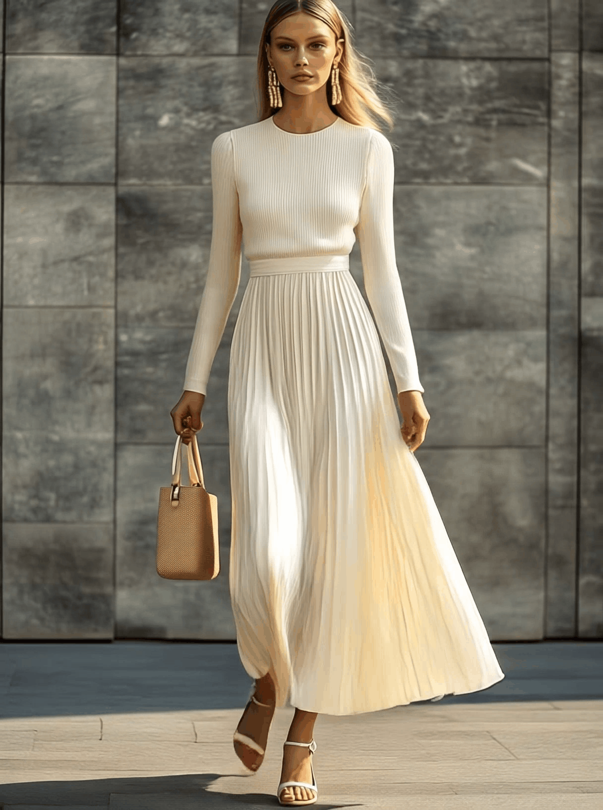 Elegant Casual And Comfortable Long-sleeved Cream Knitted Satin Pleated Hem Maxi Dress - By Qivii