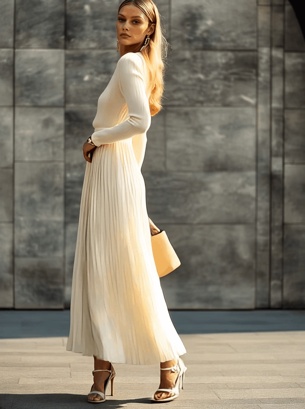 Elegant Casual And Comfortable Long-sleeved Cream Knitted Satin Pleated Hem Maxi Dress - By Qivii