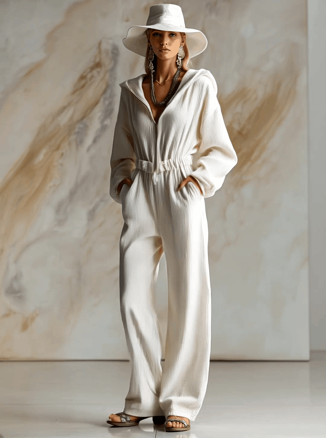 Casual Loose Fashionable White Corduroy Hooded Front Zipper Long Sleeve Jumpsuit - By Qivii