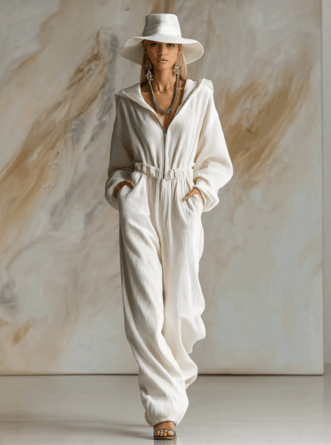 Casual Loose Fashionable White Corduroy Hooded Front Zipper Long Sleeve Jumpsuit - By Qivii