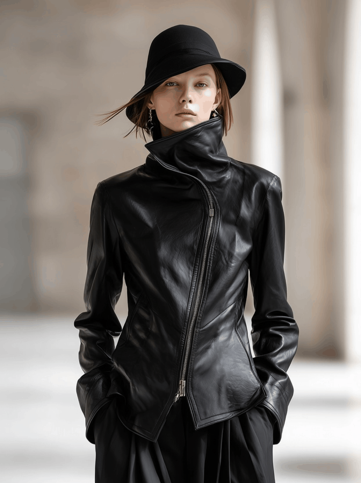 Personality And Fashion High Collar Oblique Zipper Black PU Jacket - By Qivii