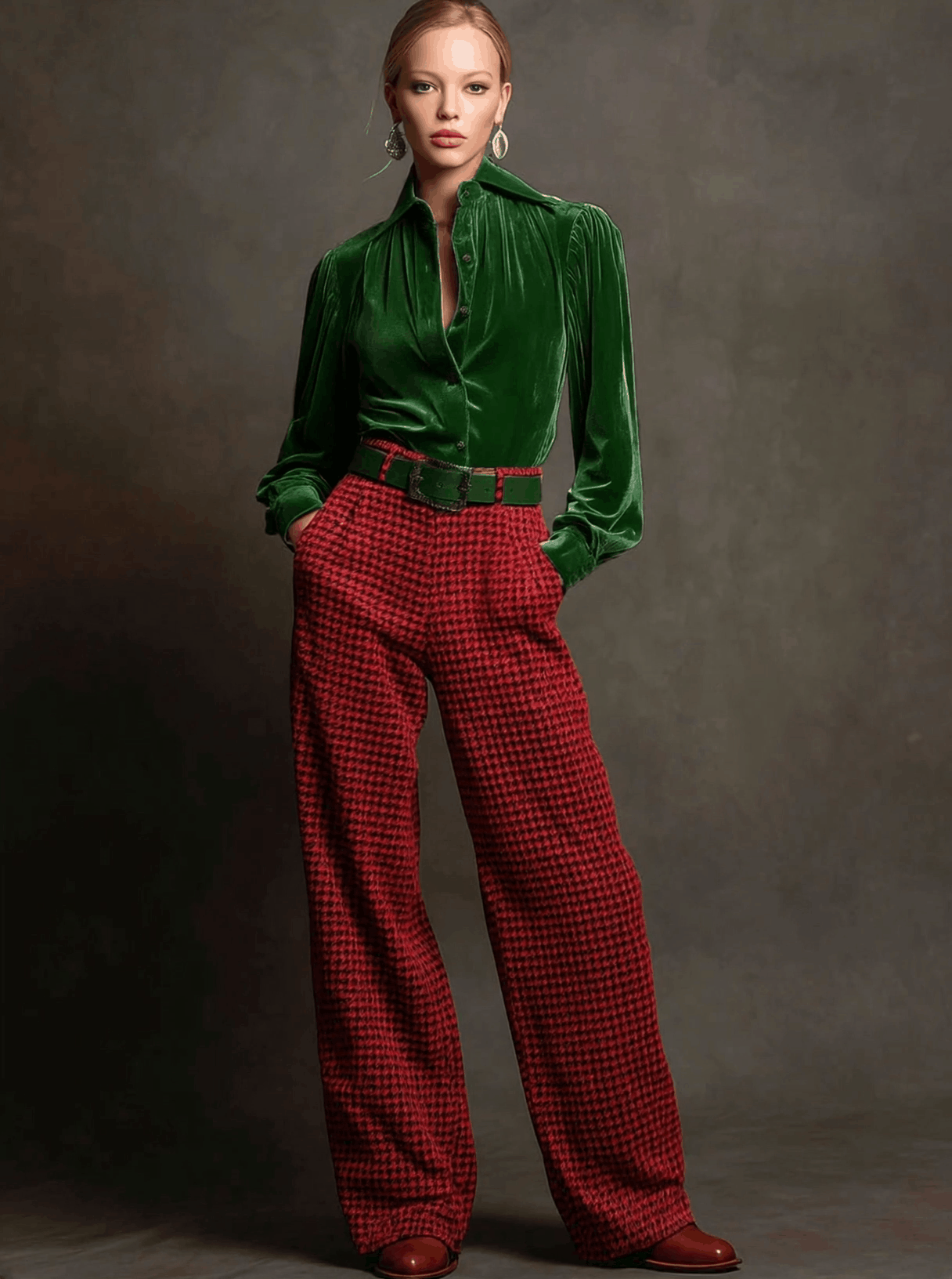 Retro Green Velvet Pleated Long-sleeved Shirt And Houndstooth Wide-leg Pants Set - By Qivii