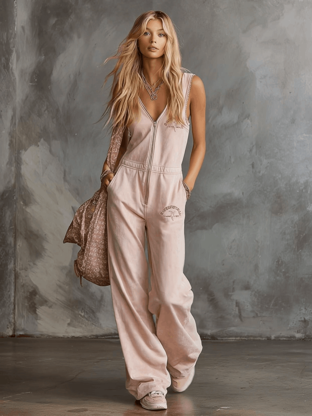 Elegant Retro Sporty V-neck Front Zipper Sleeveless Light Pink Cotton Jumpsuit - By Qivii