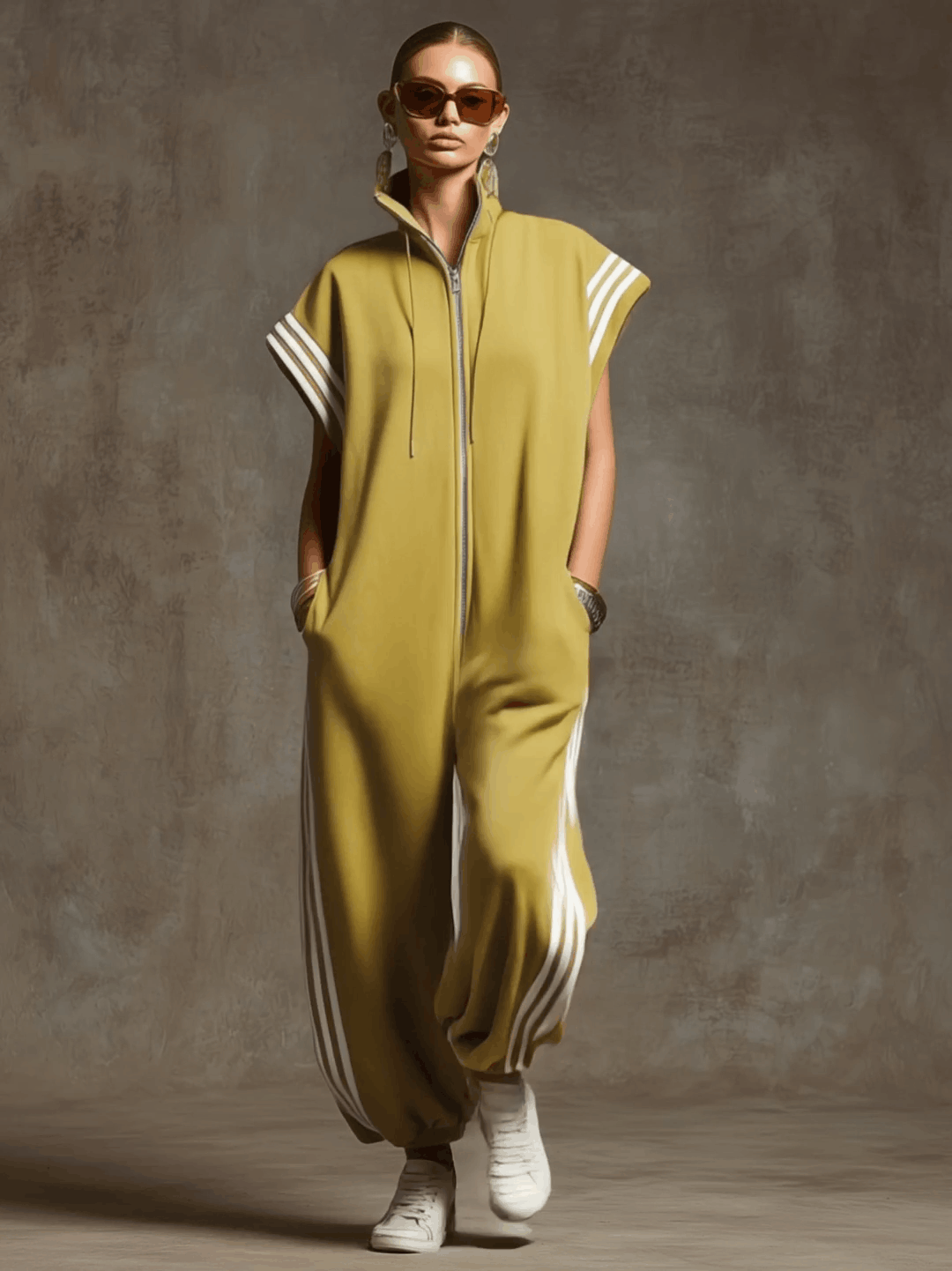 Casual Sports White Webbing Yellow-green Sleeveless Jumpsuit - By Qivii