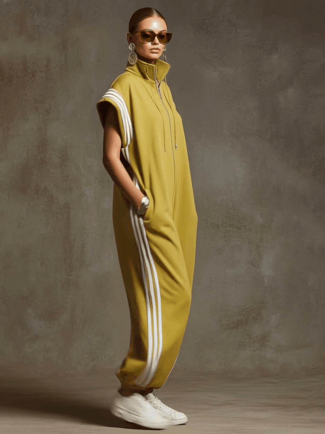 Casual Sports White Webbing Yellow-green Sleeveless Jumpsuit - By Qivii