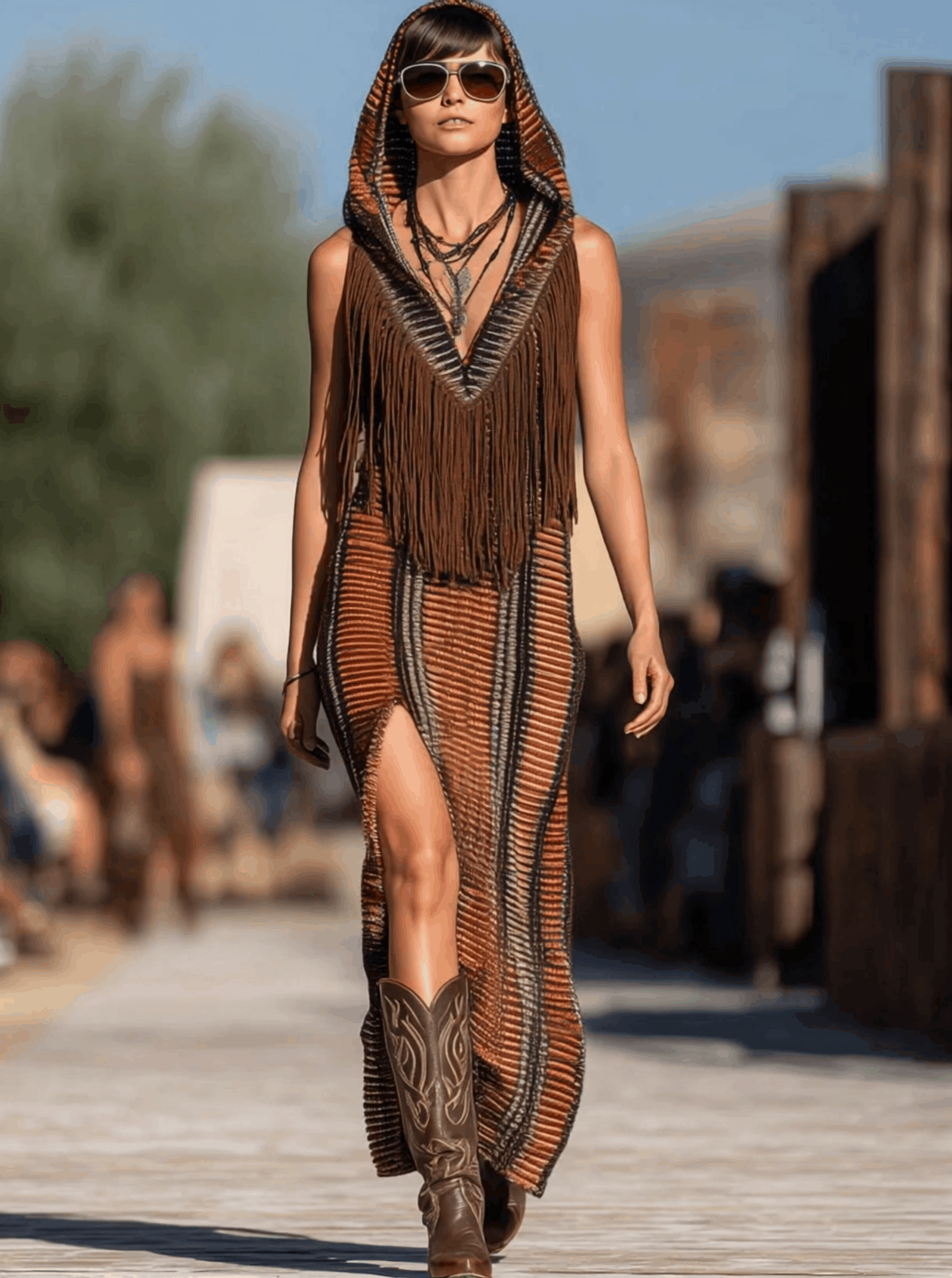 Western Retro Colorful Striped Knitted Tassel Hooded Slit Maxi Dress - By Qivii