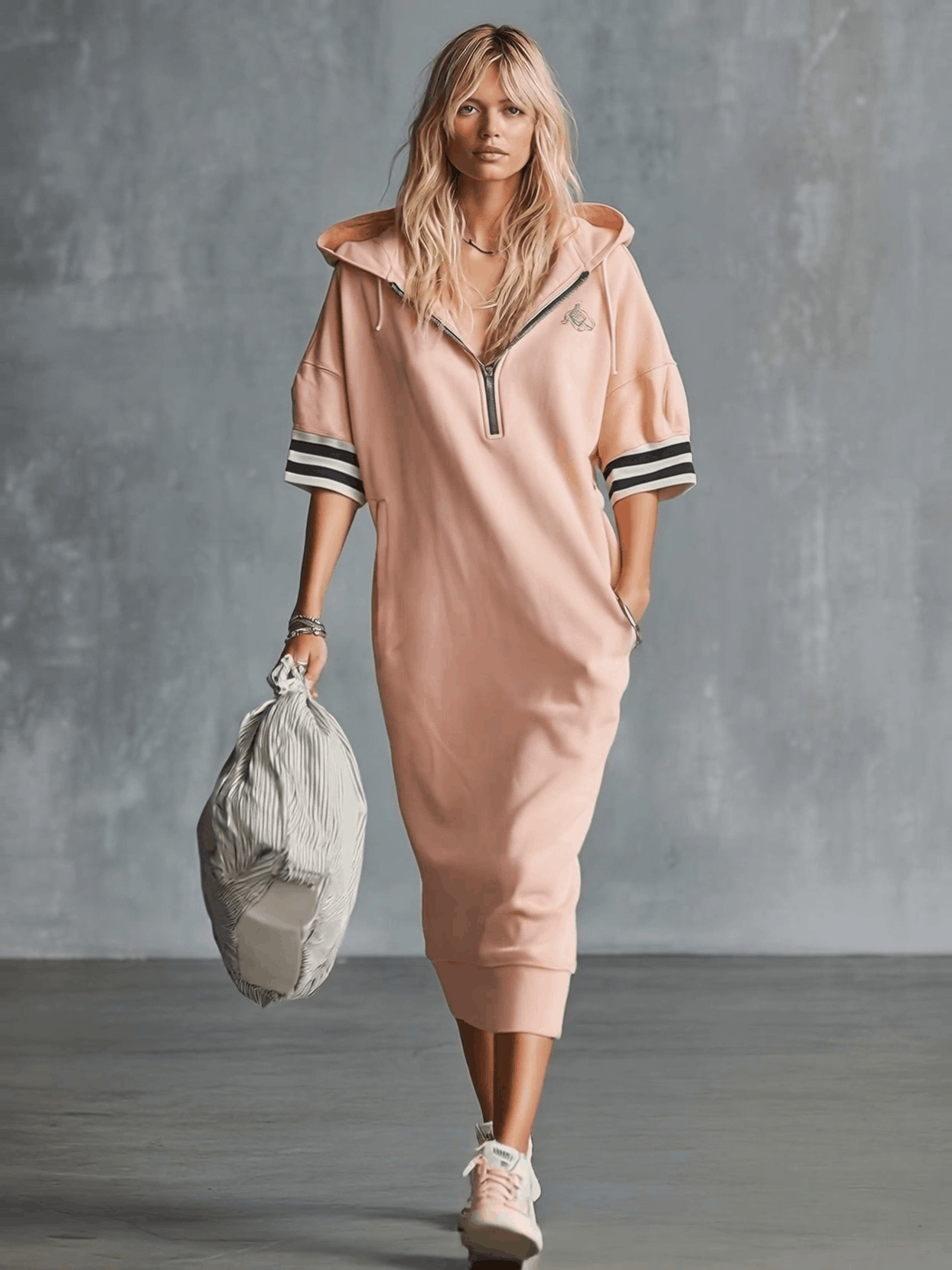 Casual Fashion Sporty Hooded Front Zipper Short-sleeved Cherry Blossom Pink Cotton Midi Dress - By Qivii