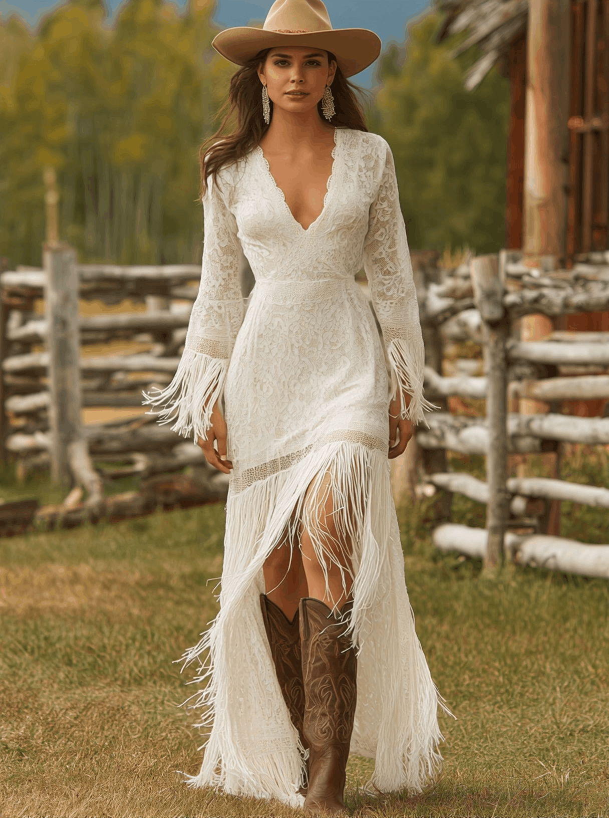 Retro White Lace V-neck Long Sleeve Tassel Short Front And Long Back Skirt Maxi Dress - By Qivii