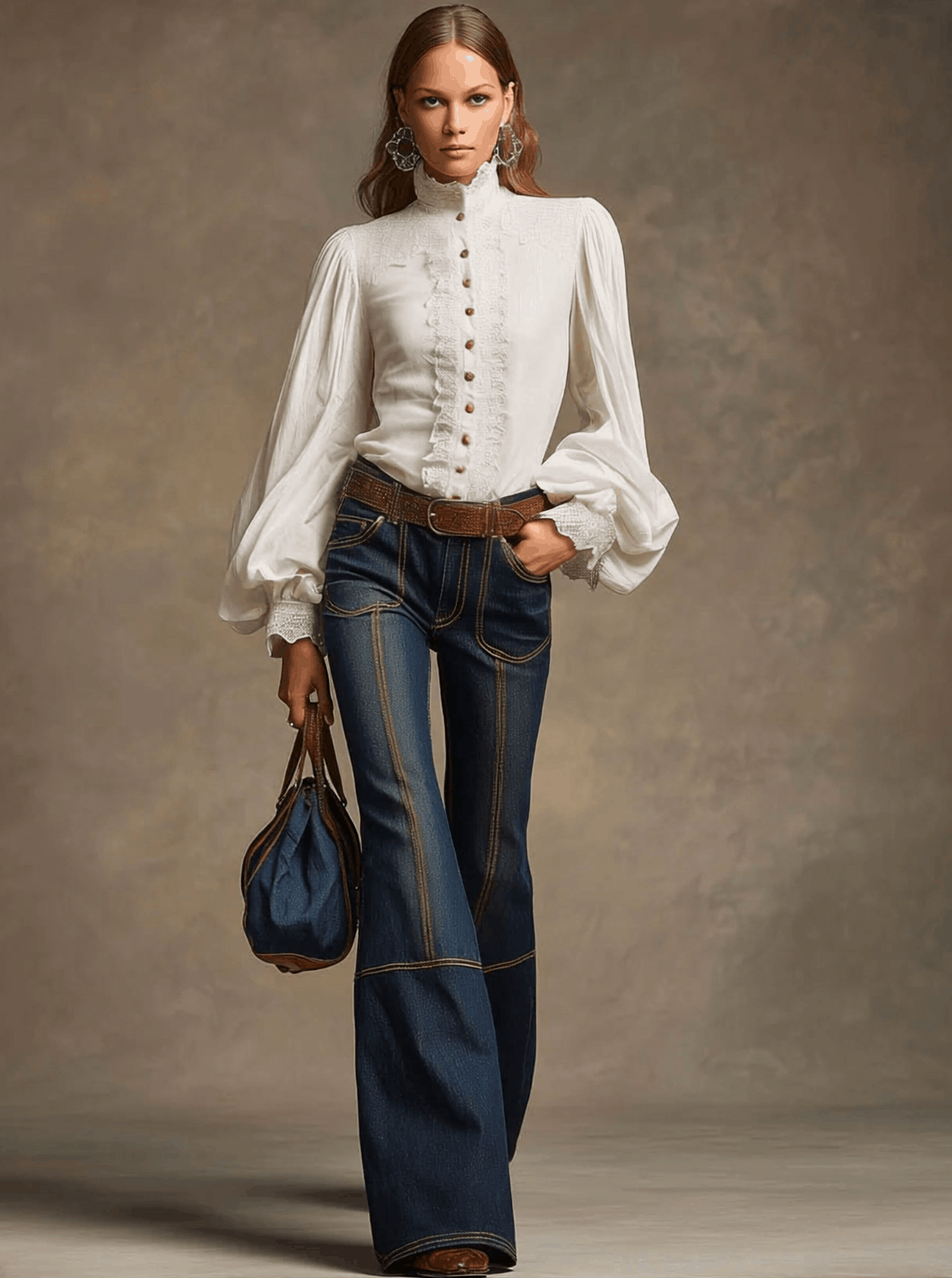 Retro Brown Double-stitched Navy Jeans - By Qivii