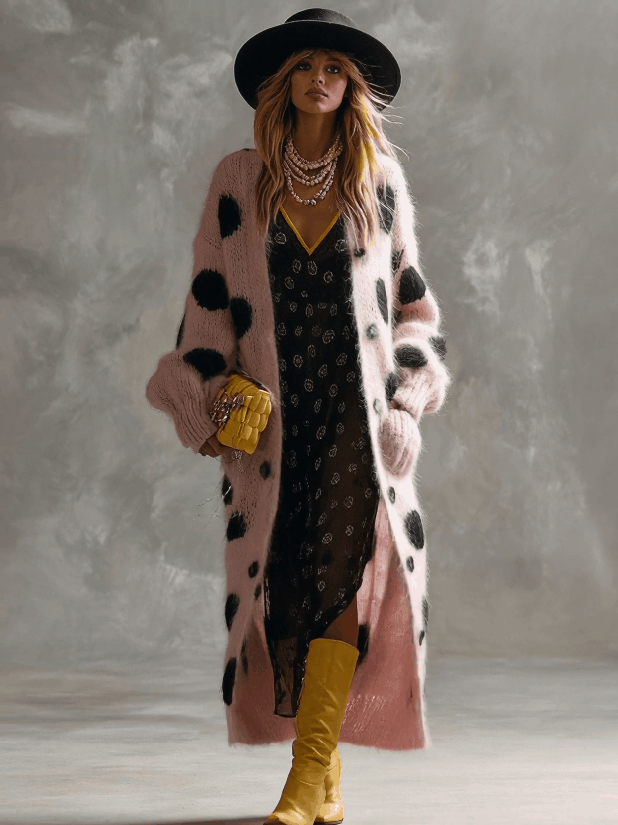 Vintage Fashion Lazy Front Button Black Polka Dot Pink Imitation Rabbit Fur Knitted Long-sleeved Cardigan - By Qivii