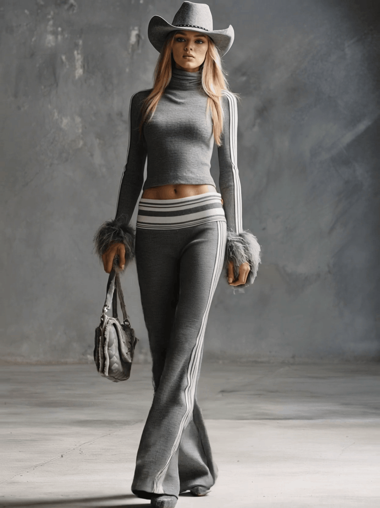 Retro Fashion Sporty Gray Knitted Feather Cuffs High-neck Top And Slim-fit Flared Pants Suit - By Qivii