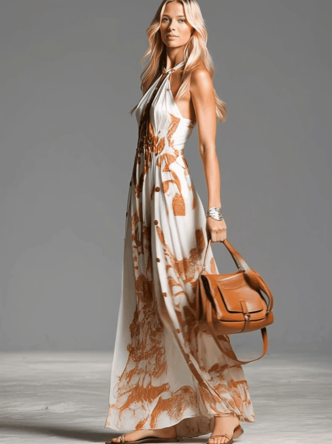Vintage Bohemia Halter Neck Brown Western Print Off White Chiffon Split Maxi Dress - By Qivii