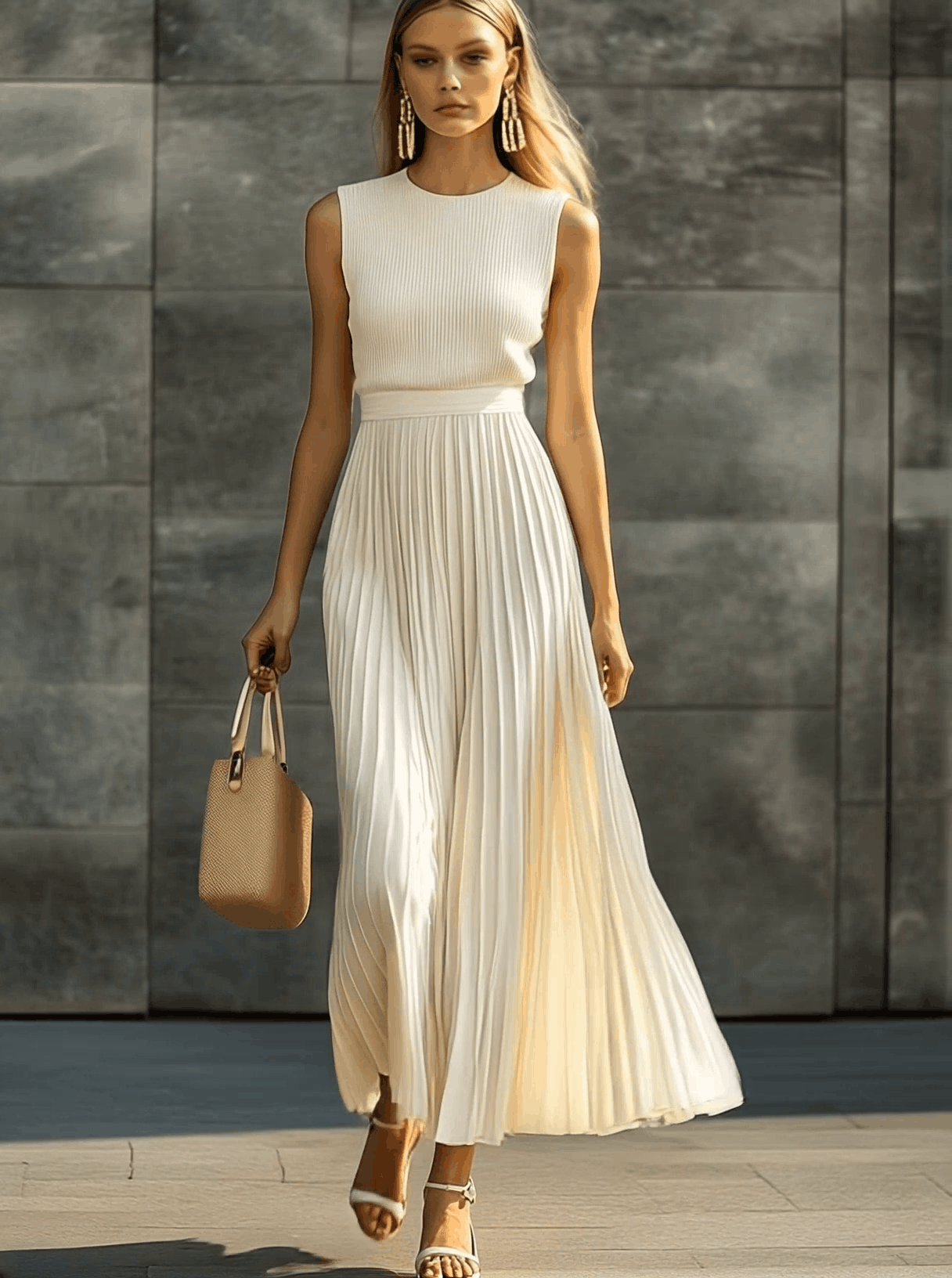 Elegant Casual And Comfortable Cream Knitted Chiffon Pleated Hem Maxi Dress - By Qivii
