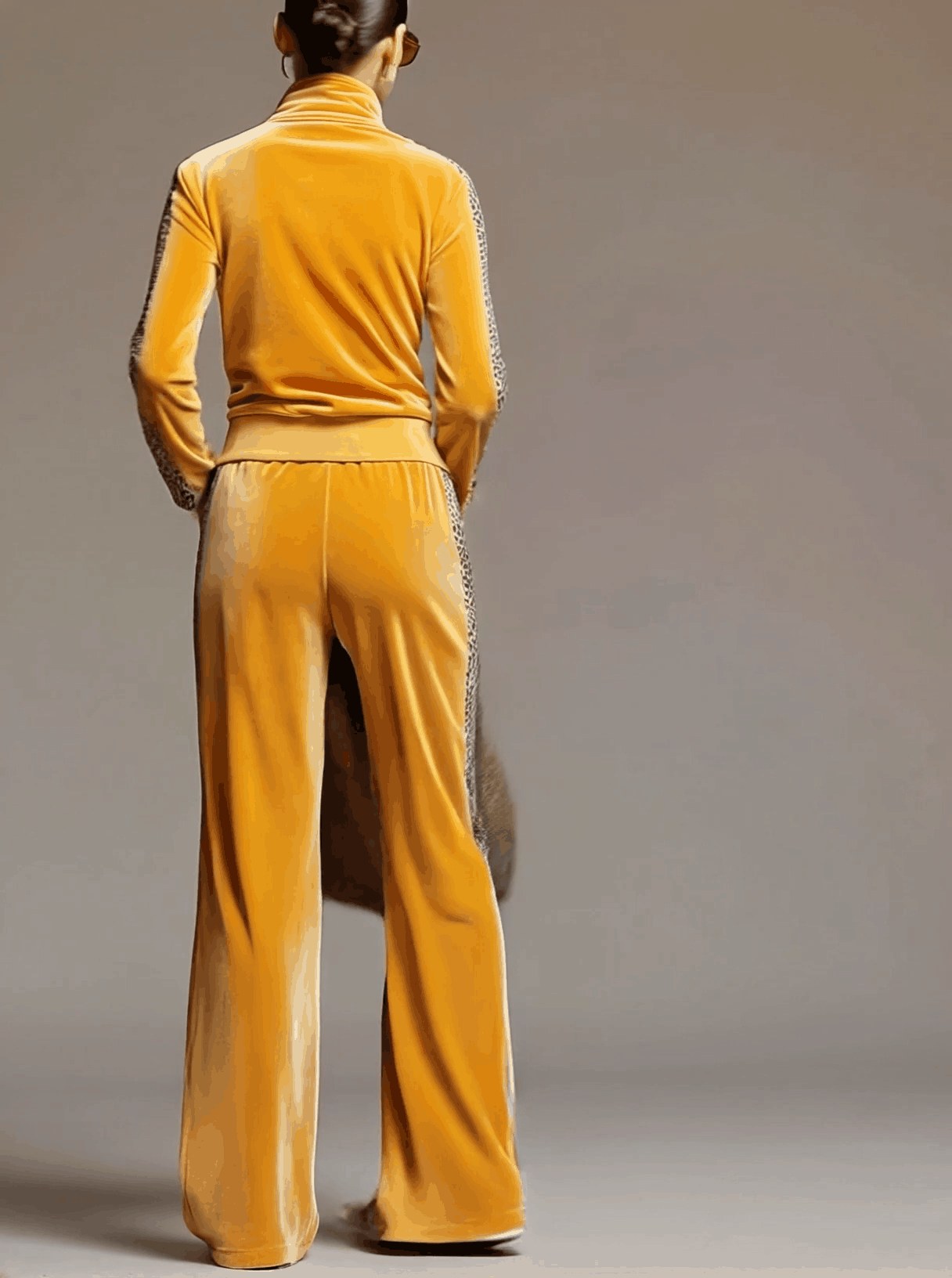 Casual Sporty Retro Leopard Print Trim Yellow Velvet Sweatshirt Wide-Leg Pants Set - By Qivii