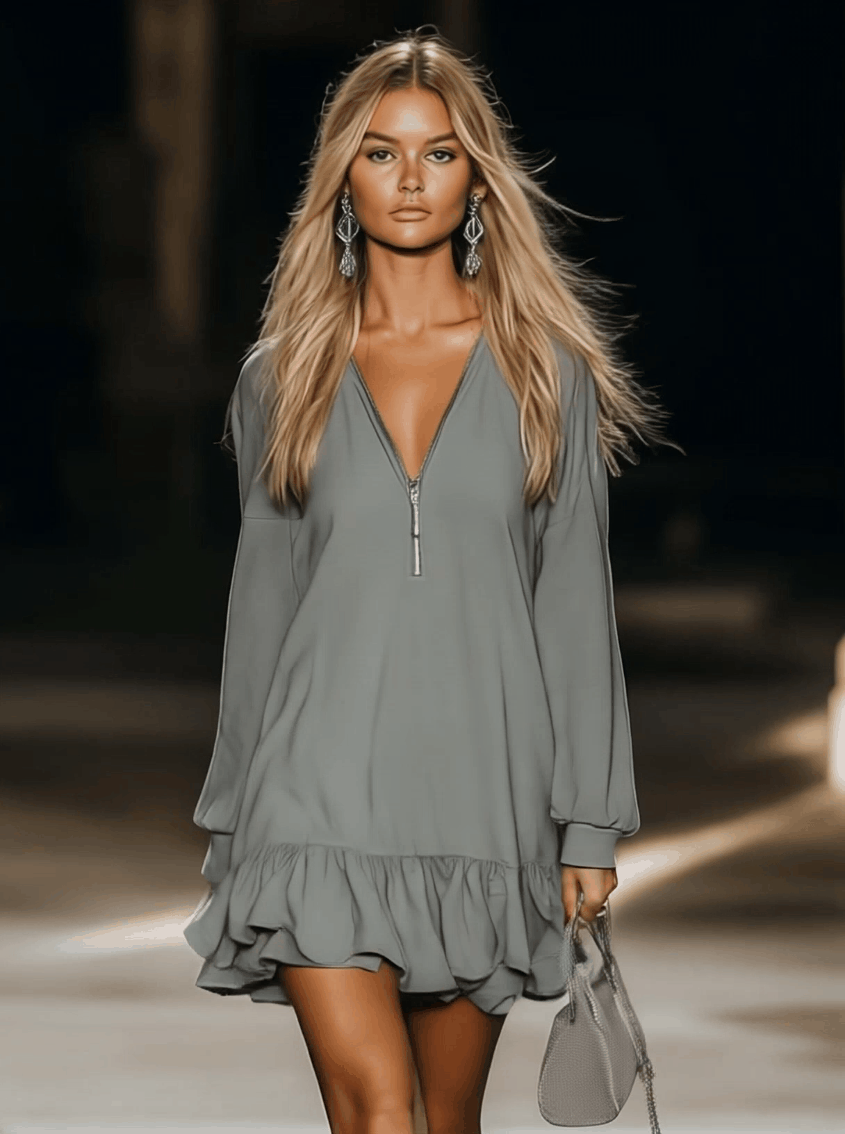 Casual Loose Fashion Zipper V-neck Long Sleeve Lotus Leaf Hem Gray Mini Dress - By Qivii