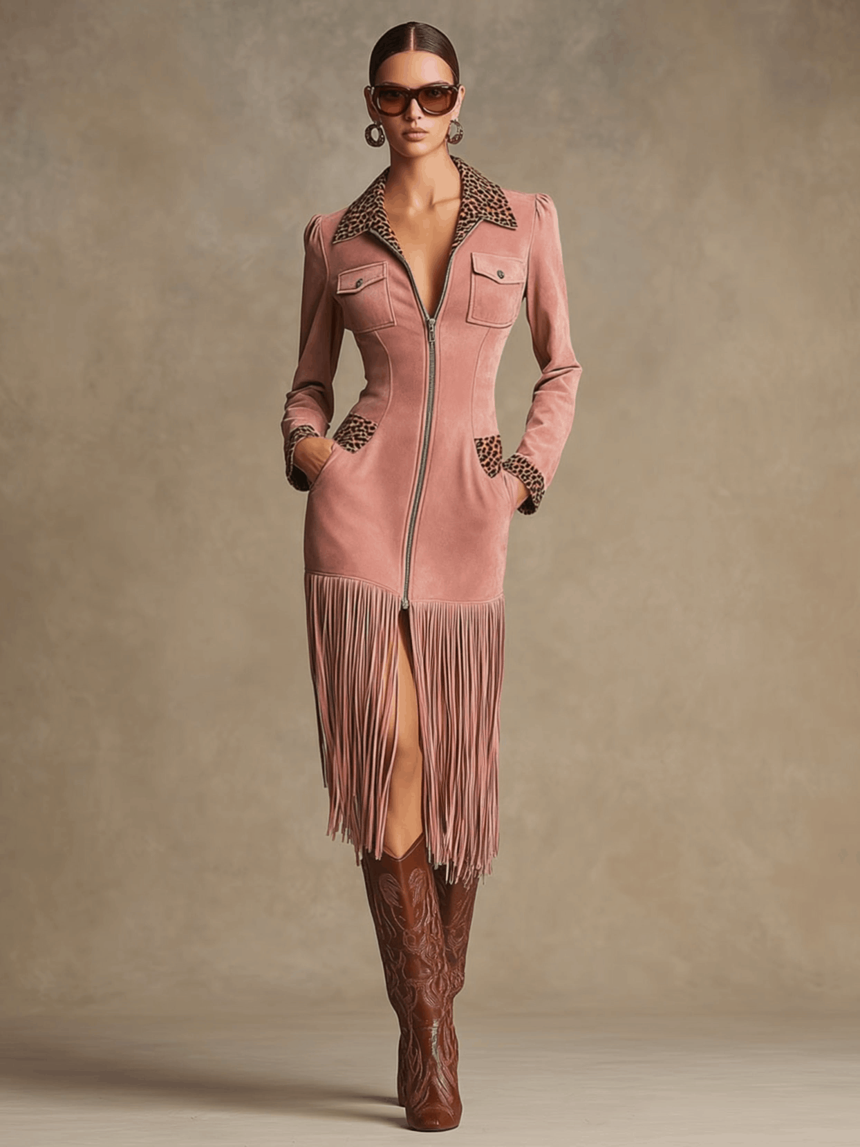 Western Retro Leopard Print Pink Faux Suede Zipper Tassel Midi Dress - By Qivii
