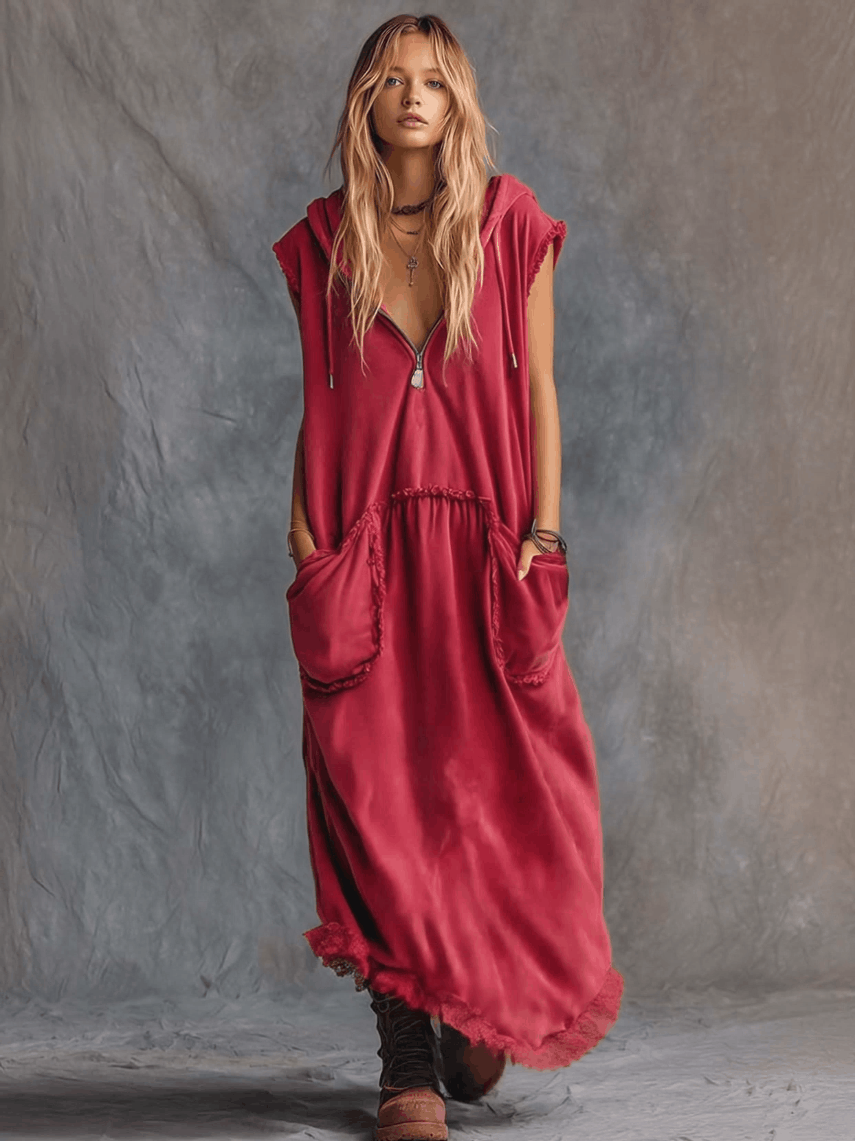 Vintage Casual Sporty Hooded V-neck Front Zip Lace Trim Sleeveless Raspberry Red Cotton Maxi Dress - By Qivii