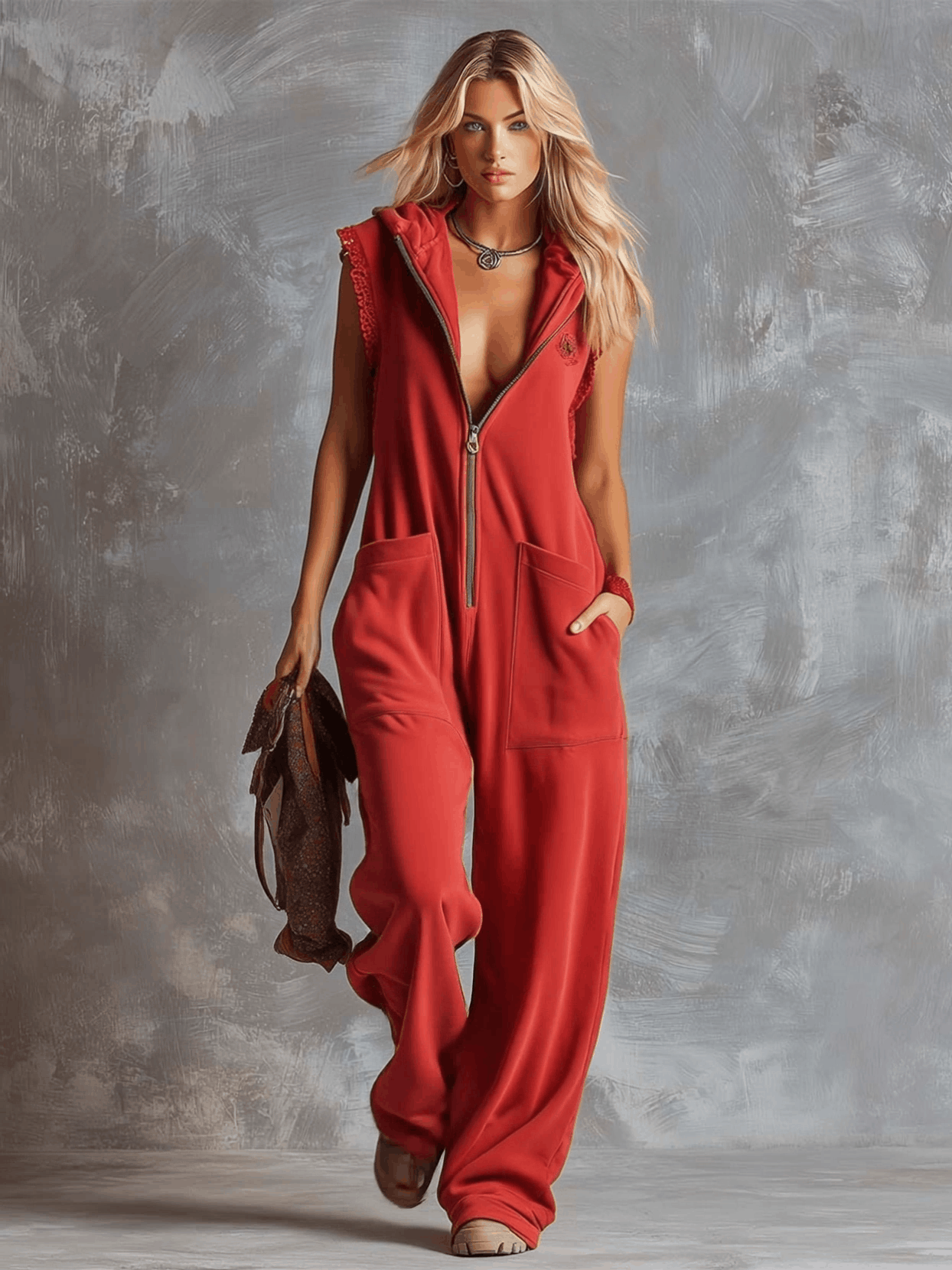 Retro Fashiona Sporty Hooded V-neck Front Zipper Raspberry Red Cotton Jumpsuit - By Qivii