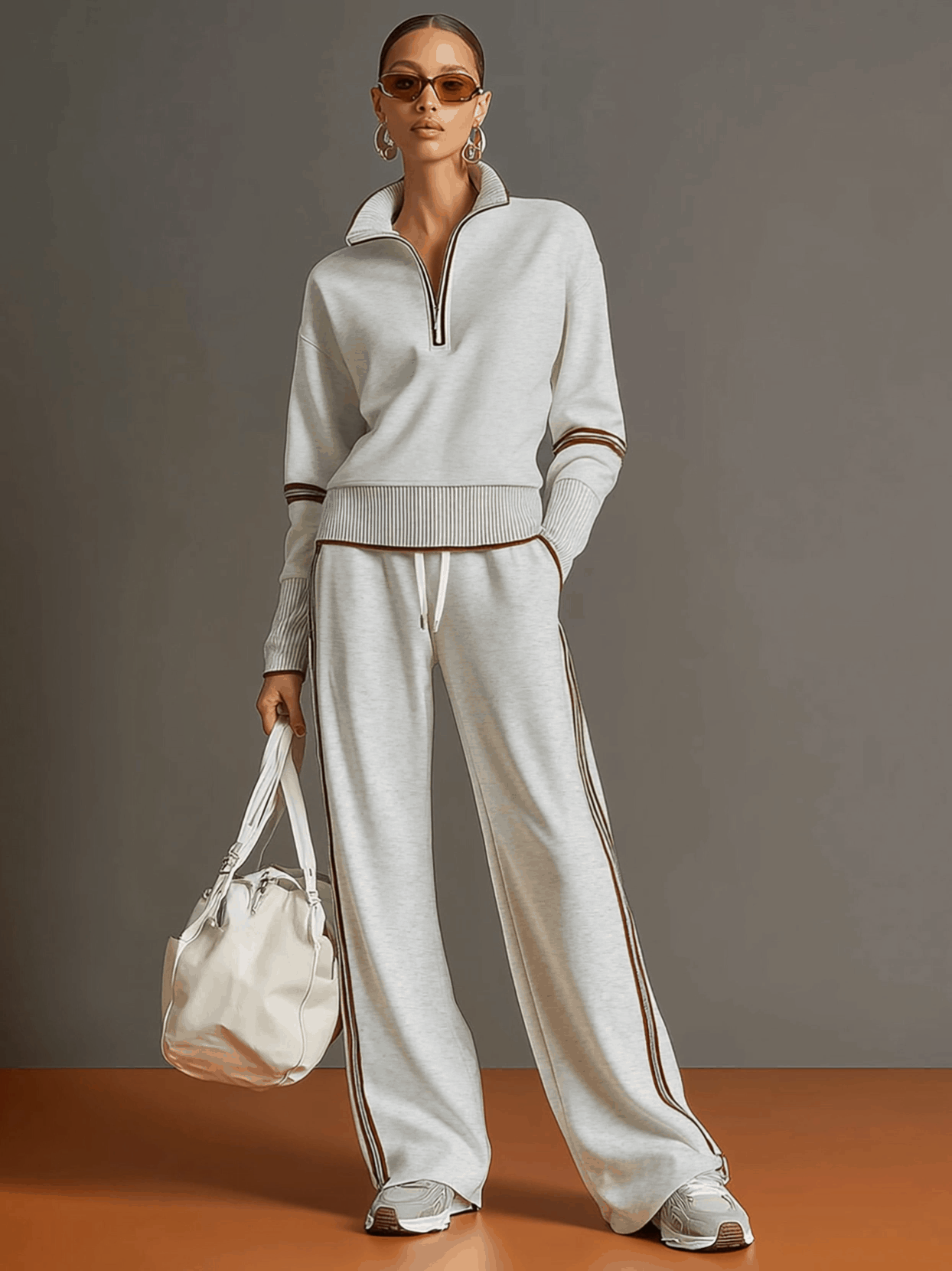 Retro Sporty Webbing Grey-white Half-zip Sweatshirt And Wide-leg Pants Set - By Qivii