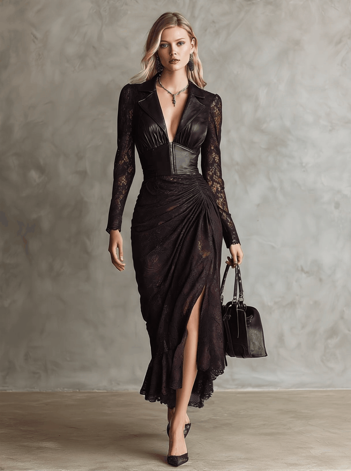 Retro High-end Brown-red Imitation Leather Stitching Lace Long-sleeved Maxi Dress - By Qivii