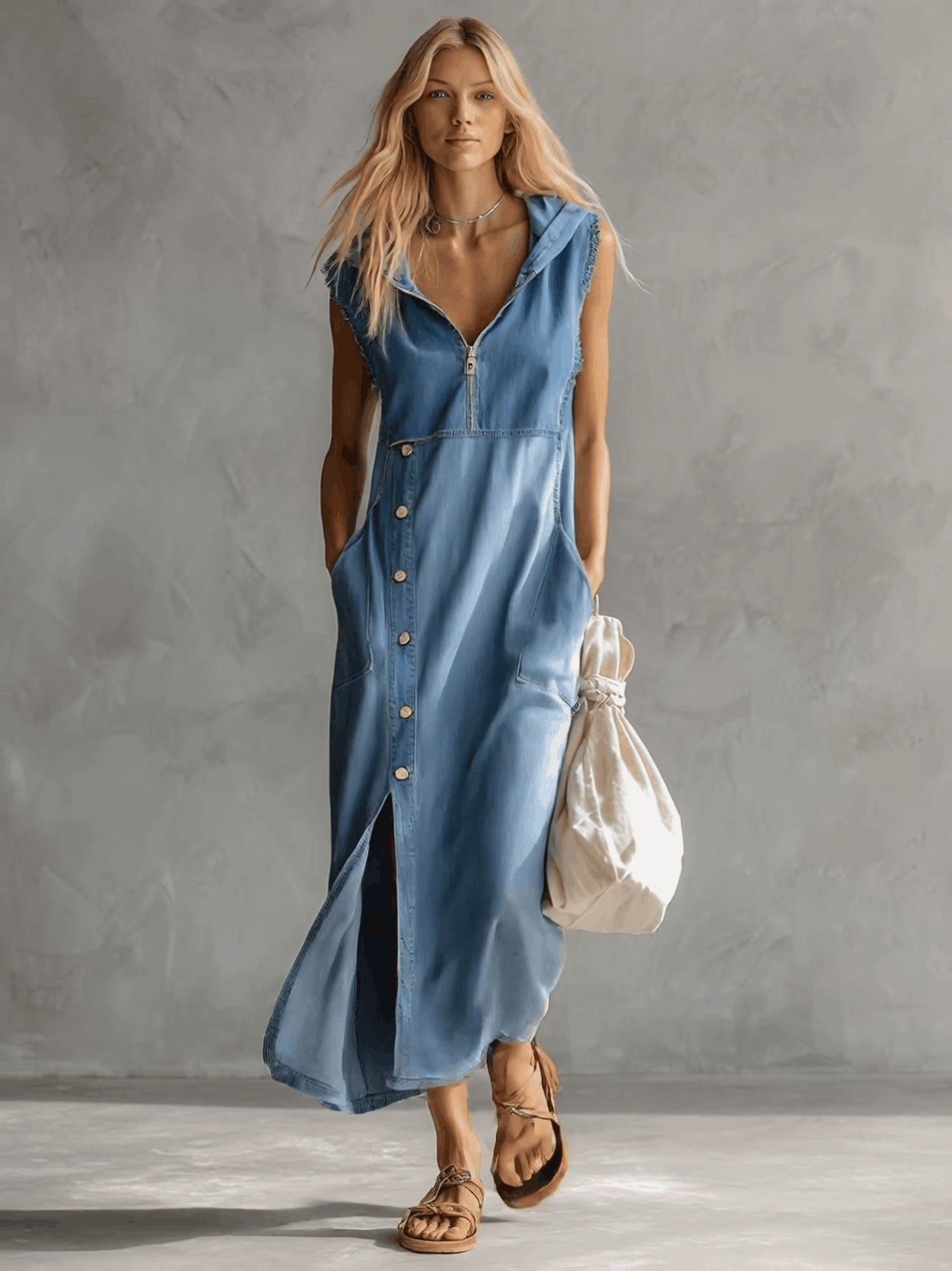 Exquisite Vintage Casual Hooded V-neck Zipper Side Slits Buttons Blue Denim Midi Dress - By Qivii