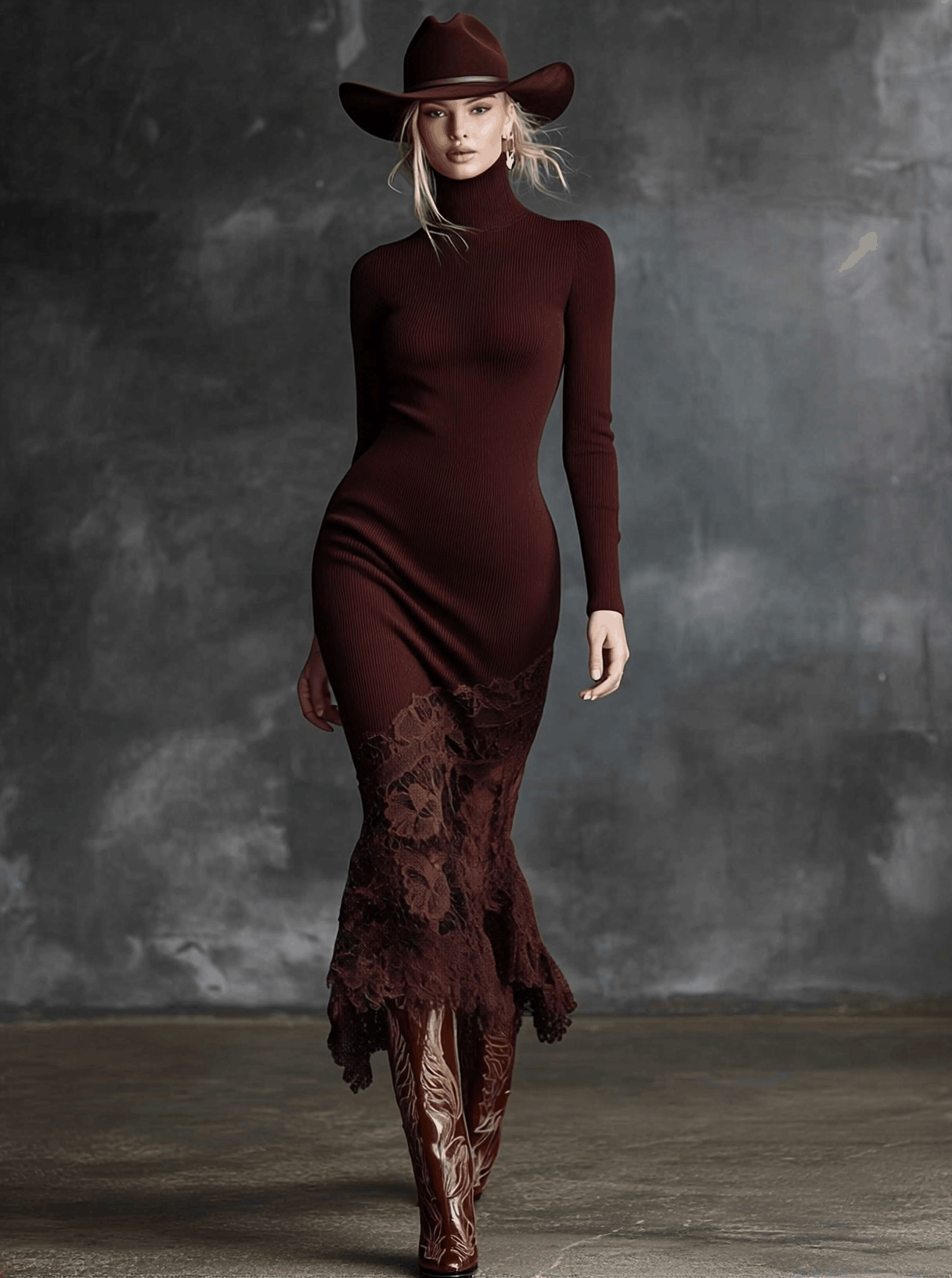Simple And Elegant High-neck Lace Hem Burgundy Knitted Maxi Dress - By Qivii