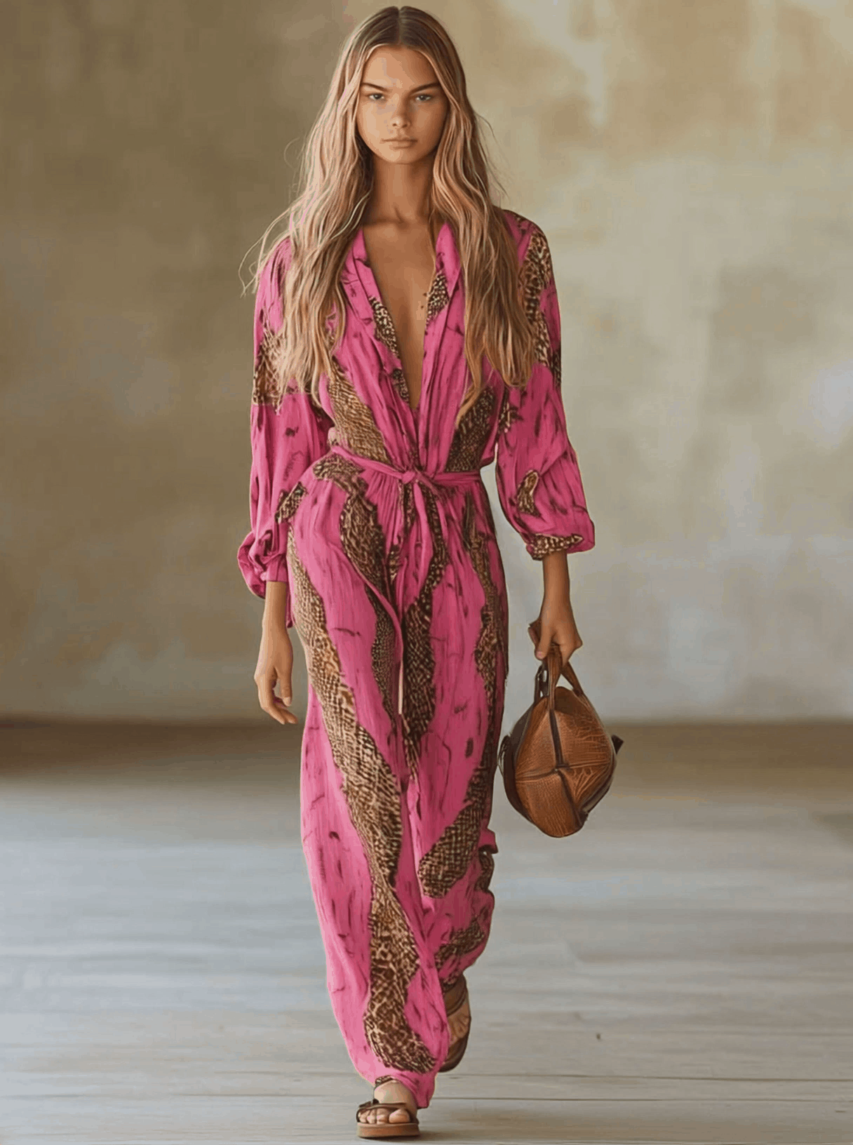 Casual Loose Rose Red Chiffon Leopard Print Long-Sleeved Jumpsuit - By Qivii