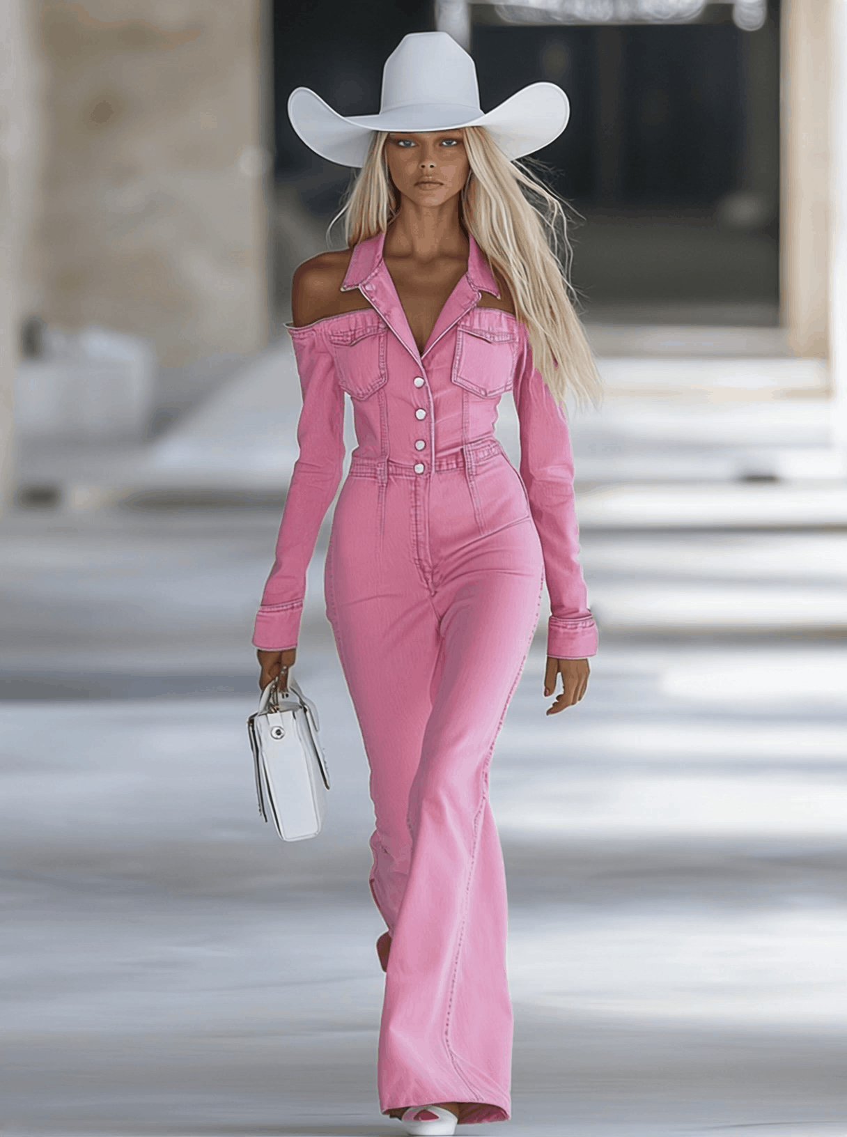 Fashionable Personalized Lapel Pink Denim Off-the-shoulder Long-sleeved Flared Jumpsuit - By Qivii